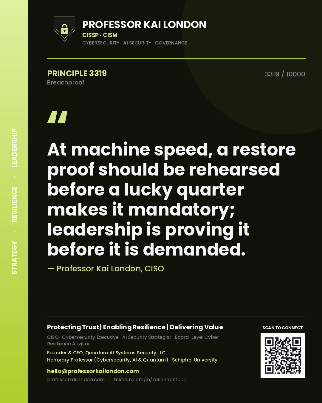 Professor Kai London principle 3319: At machine speed, a restore proof should be rehearsed before a lucky quarter makes it mandatory; leadership is proving it before it is demanded.