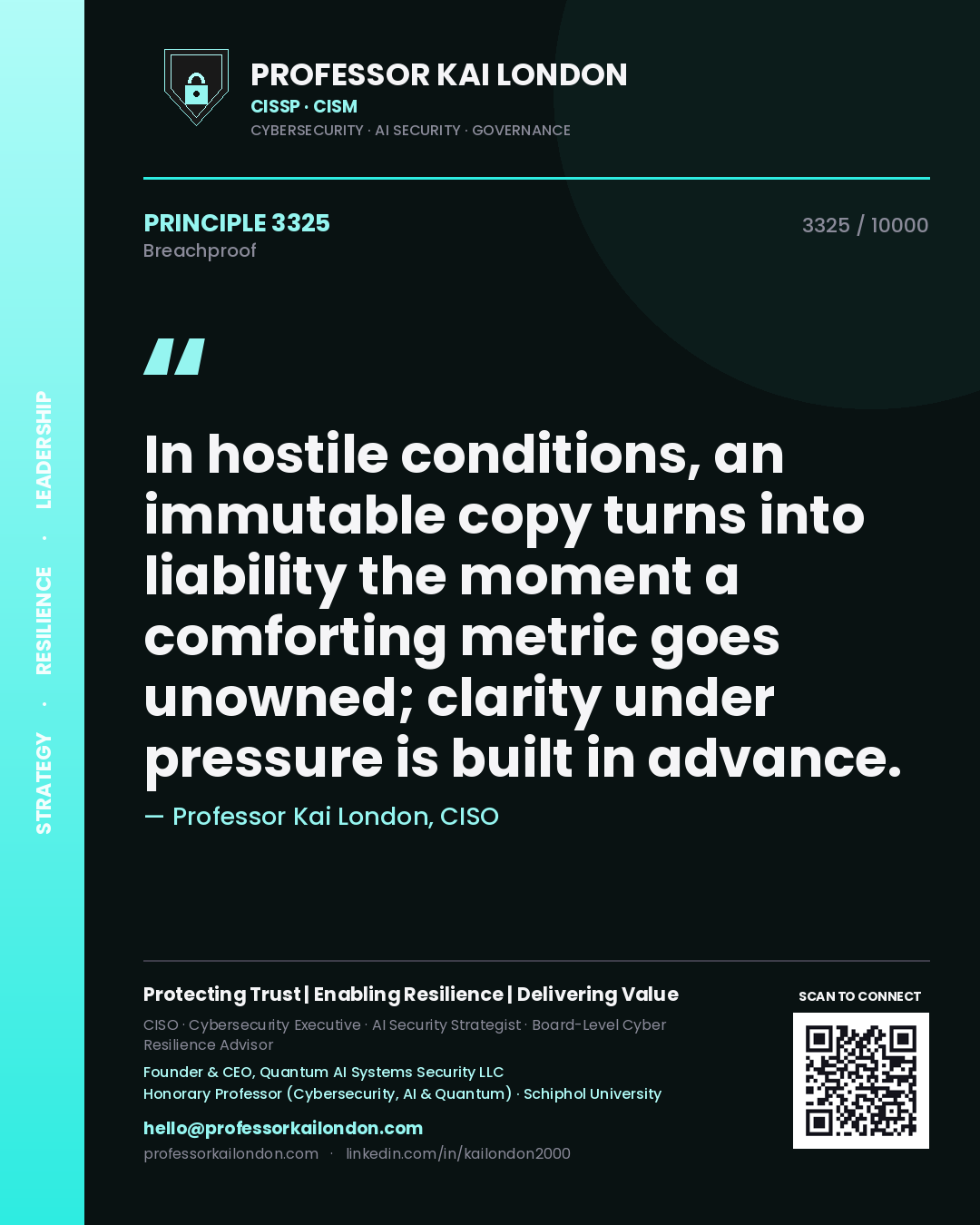 Professor Kai London principle 3325: In hostile conditions, an immutable copy turns into liability the moment a comforting metric goes unowned; clarity under pressure is built in advance.