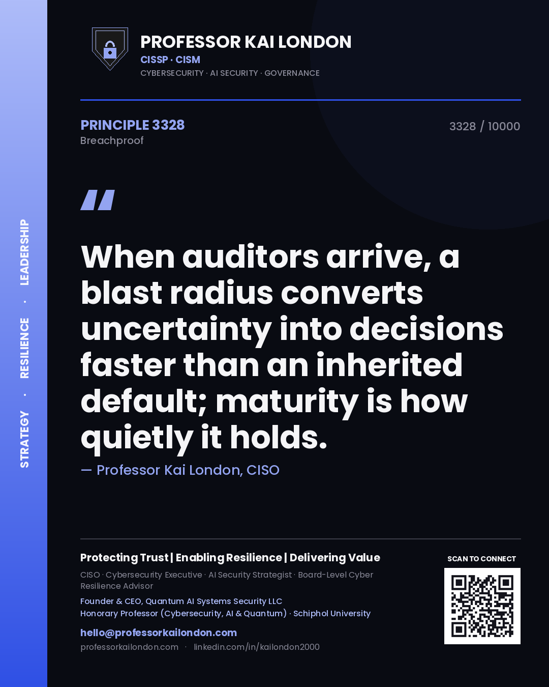 Professor Kai London principle 3328: When auditors arrive, a blast radius converts uncertainty into decisions faster than an inherited default; maturity is how quietly it holds.