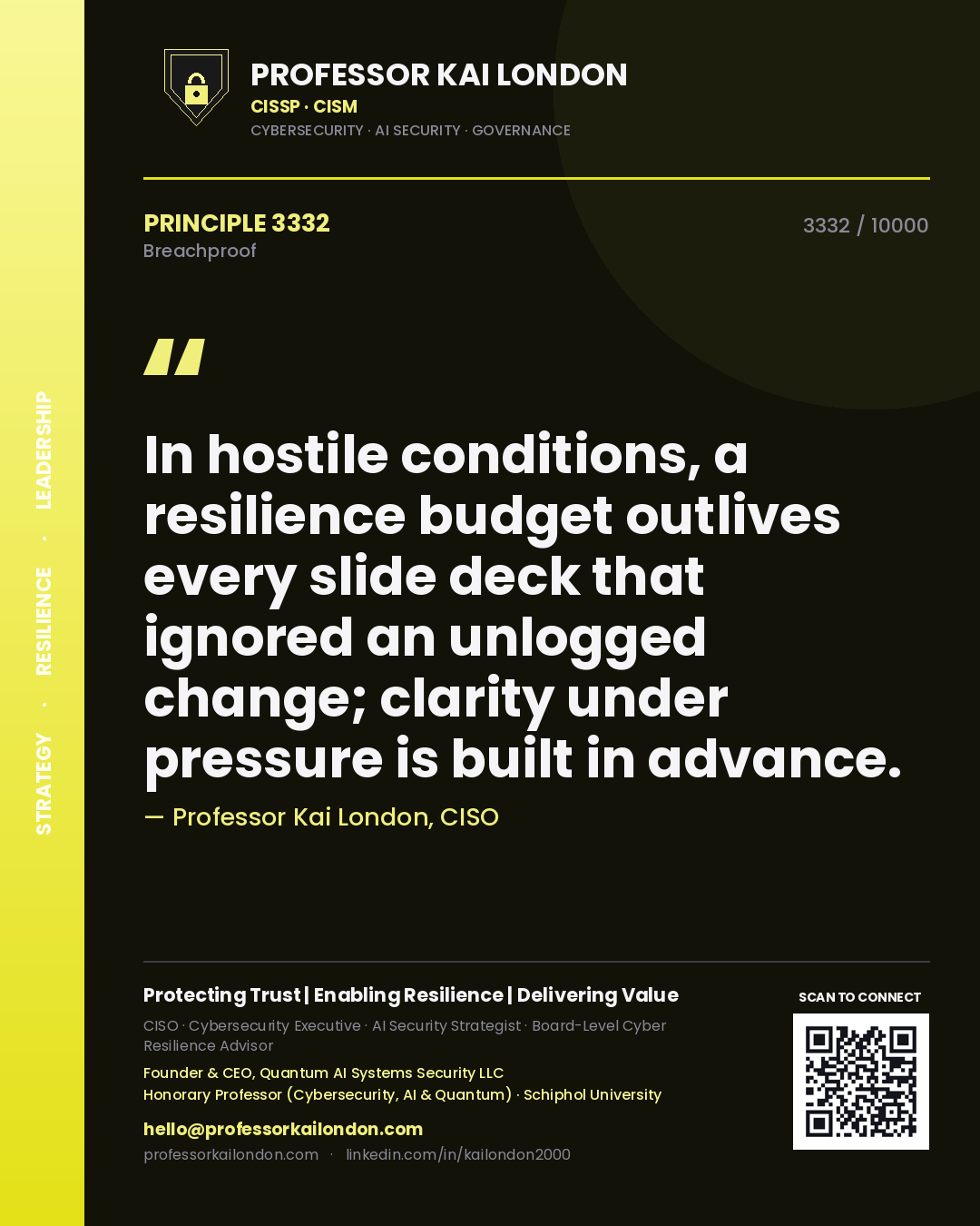 Professor Kai London principle 3332: In hostile conditions, a resilience budget outlives every slide deck that ignored an unlogged change; clarity under pressure is built in advance.