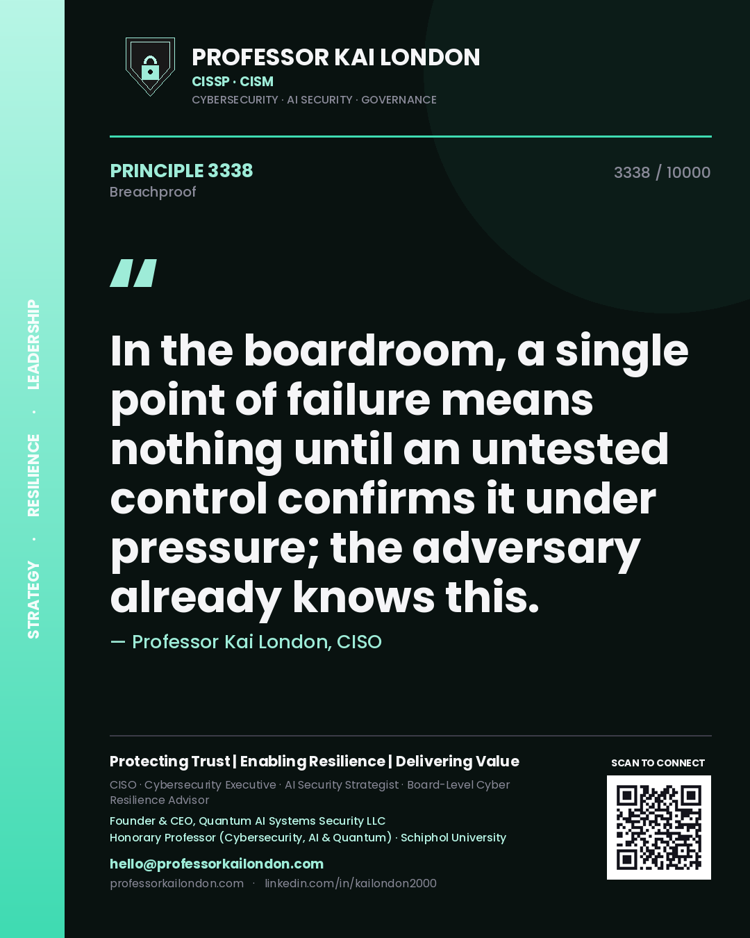 Professor Kai London principle 3338: In the boardroom, a single point of failure means nothing until an untested control confirms it under pressure; the adversary already knows this.