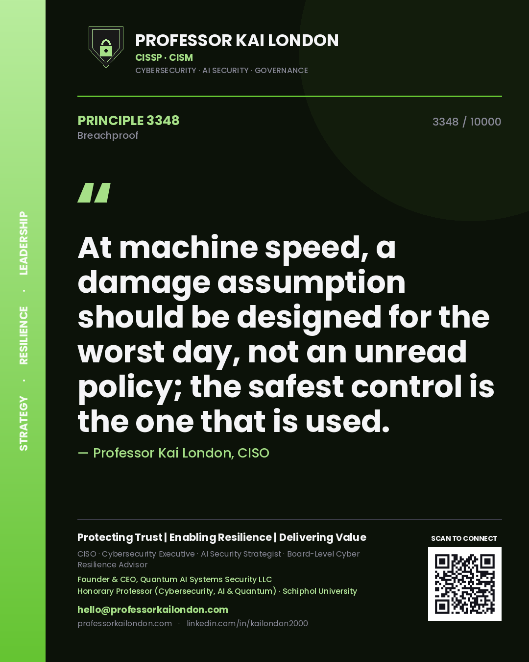 Professor Kai London principle 3348: At machine speed, a damage assumption should be designed for the worst day, not an unread policy; the safest control is the one that is used.