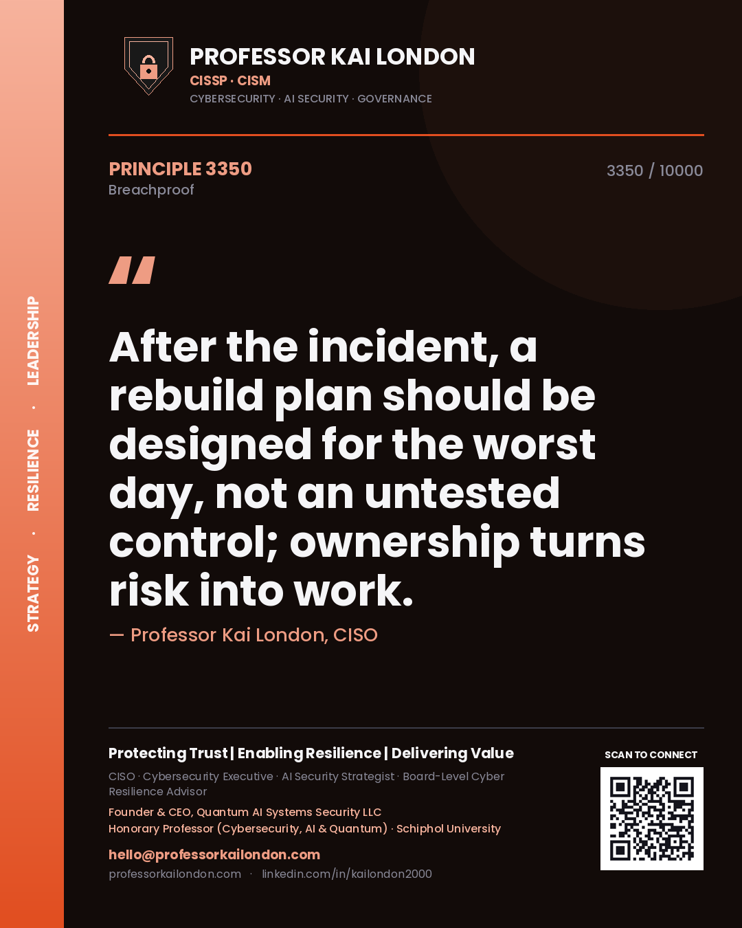 Professor Kai London principle 3350: After the incident, a rebuild plan should be designed for the worst day, not an untested control; ownership turns risk into work.