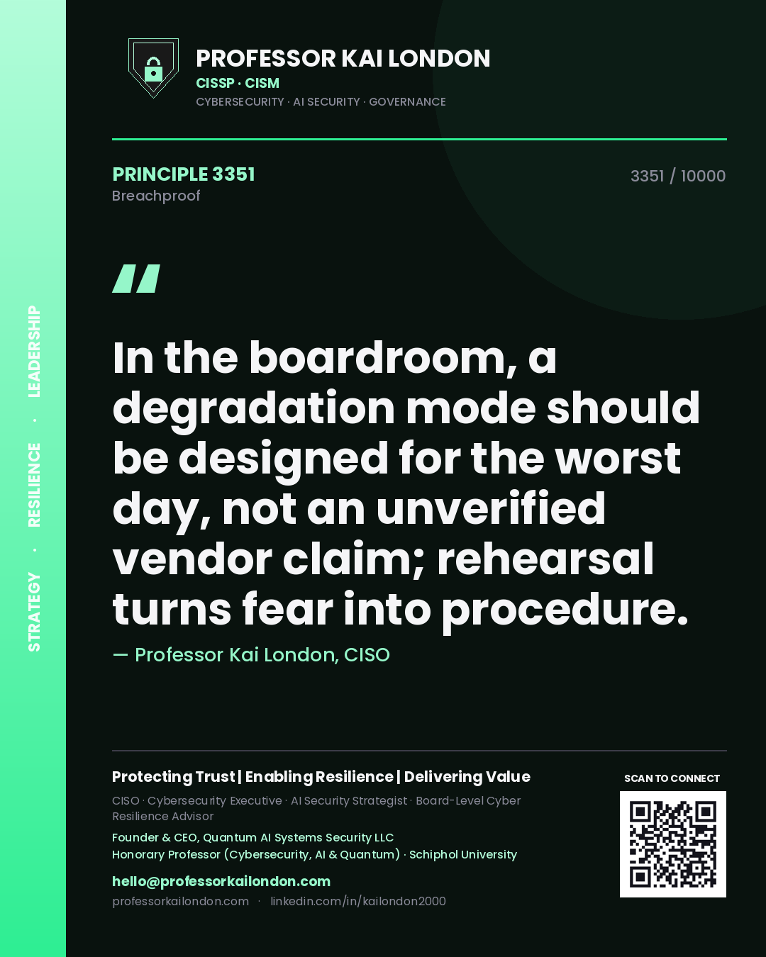 Professor Kai London principle 3351: In the boardroom, a degradation mode should be designed for the worst day, not an unverified vendor claim; rehearsal turns fear into procedure.