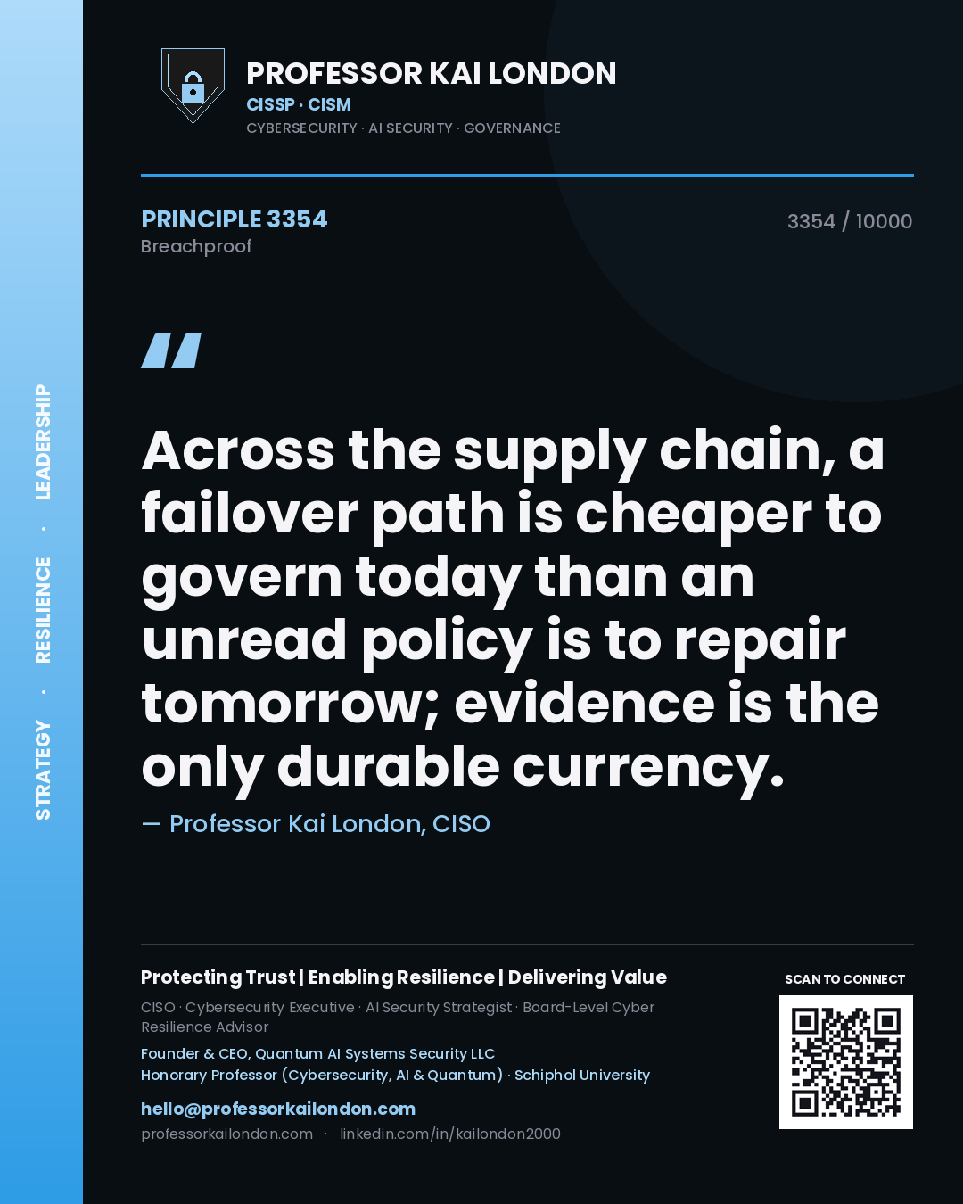 Professor Kai London principle 3354: Across the supply chain, a failover path is cheaper to govern today than an unread policy is to repair tomorrow; evidence is the only durable currency.