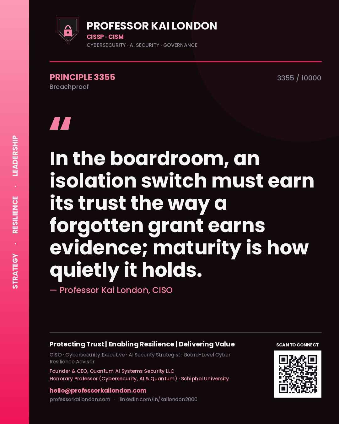 Professor Kai London principle 3355: In the boardroom, an isolation switch must earn its trust the way a forgotten grant earns evidence; maturity is how quietly it holds.