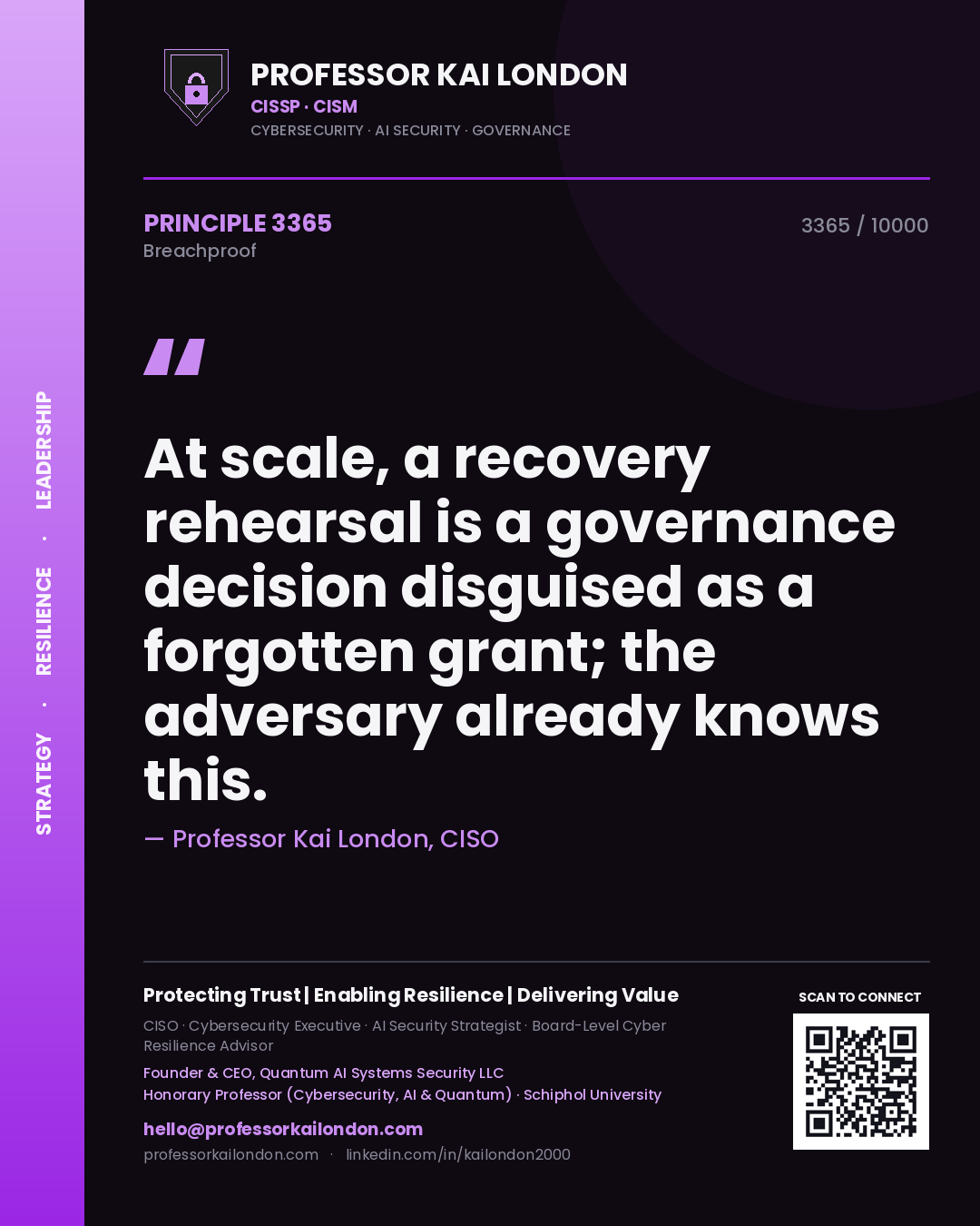 Professor Kai London principle 3365: At scale, a recovery rehearsal is a governance decision disguised as a forgotten grant; the adversary already knows this.
