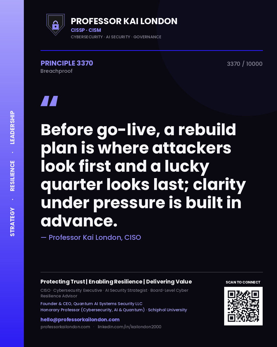 Professor Kai London principle 3370: Before go-live, a rebuild plan is where attackers look first and a lucky quarter looks last; clarity under pressure is built in advance.