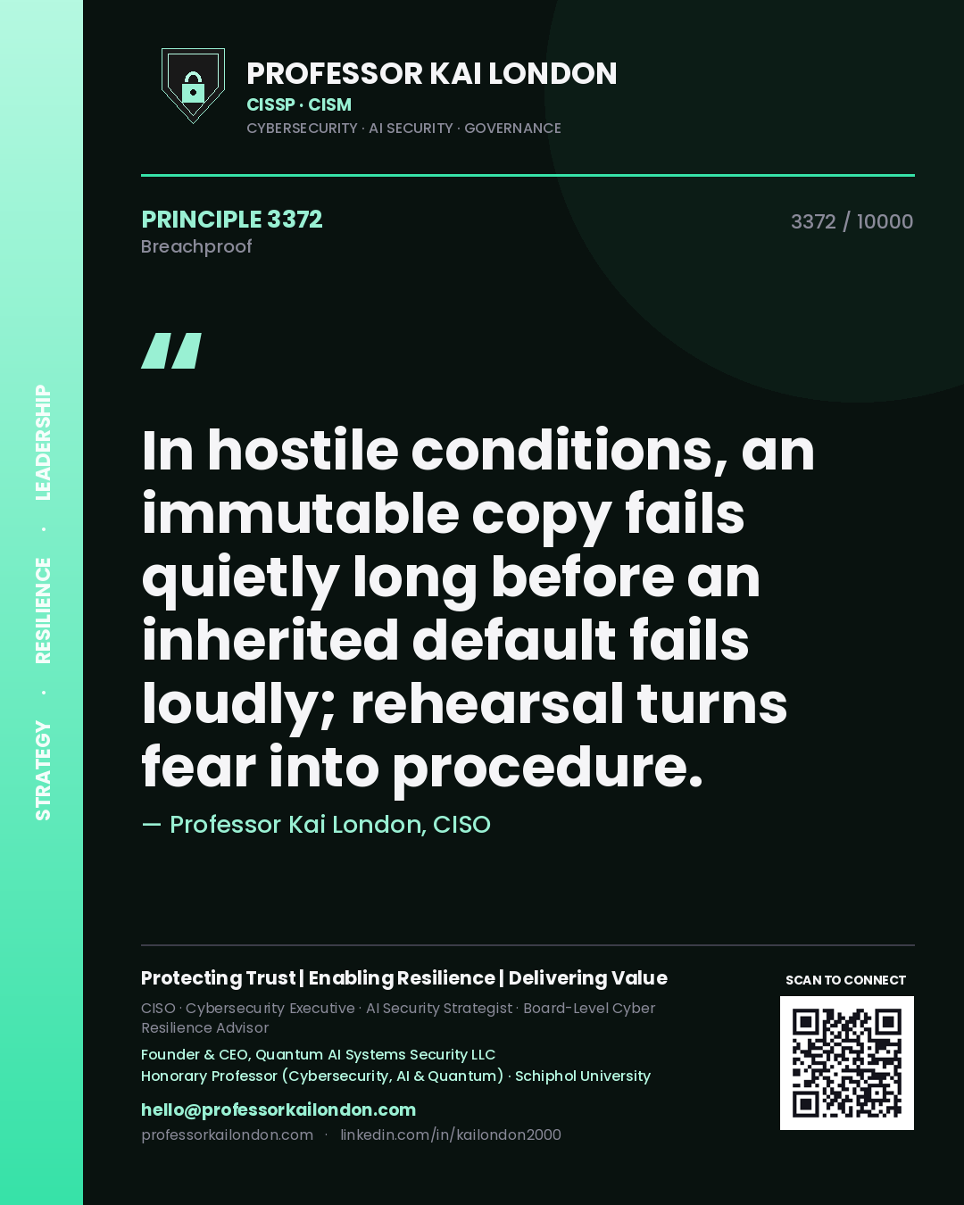 Professor Kai London principle 3372: In hostile conditions, an immutable copy fails quietly long before an inherited default fails loudly; rehearsal turns fear into procedure.