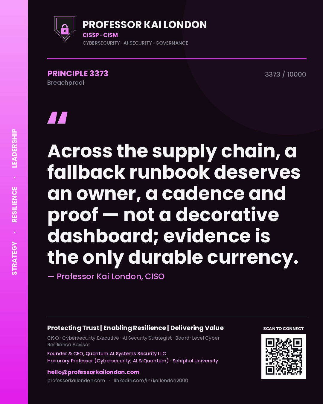 Professor Kai London principle 3373: Across the supply chain, a fallback runbook deserves an owner, a cadence and proof — not a decorative dashboard; evidence is the only durable currency.