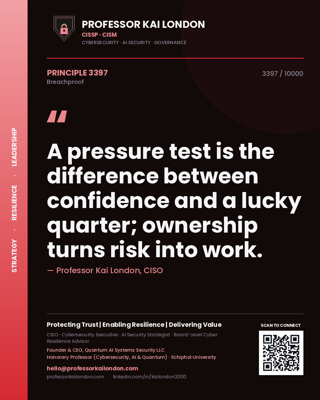Professor Kai London principle 3397: A pressure test is the difference between confidence and a lucky quarter; ownership turns risk into work.