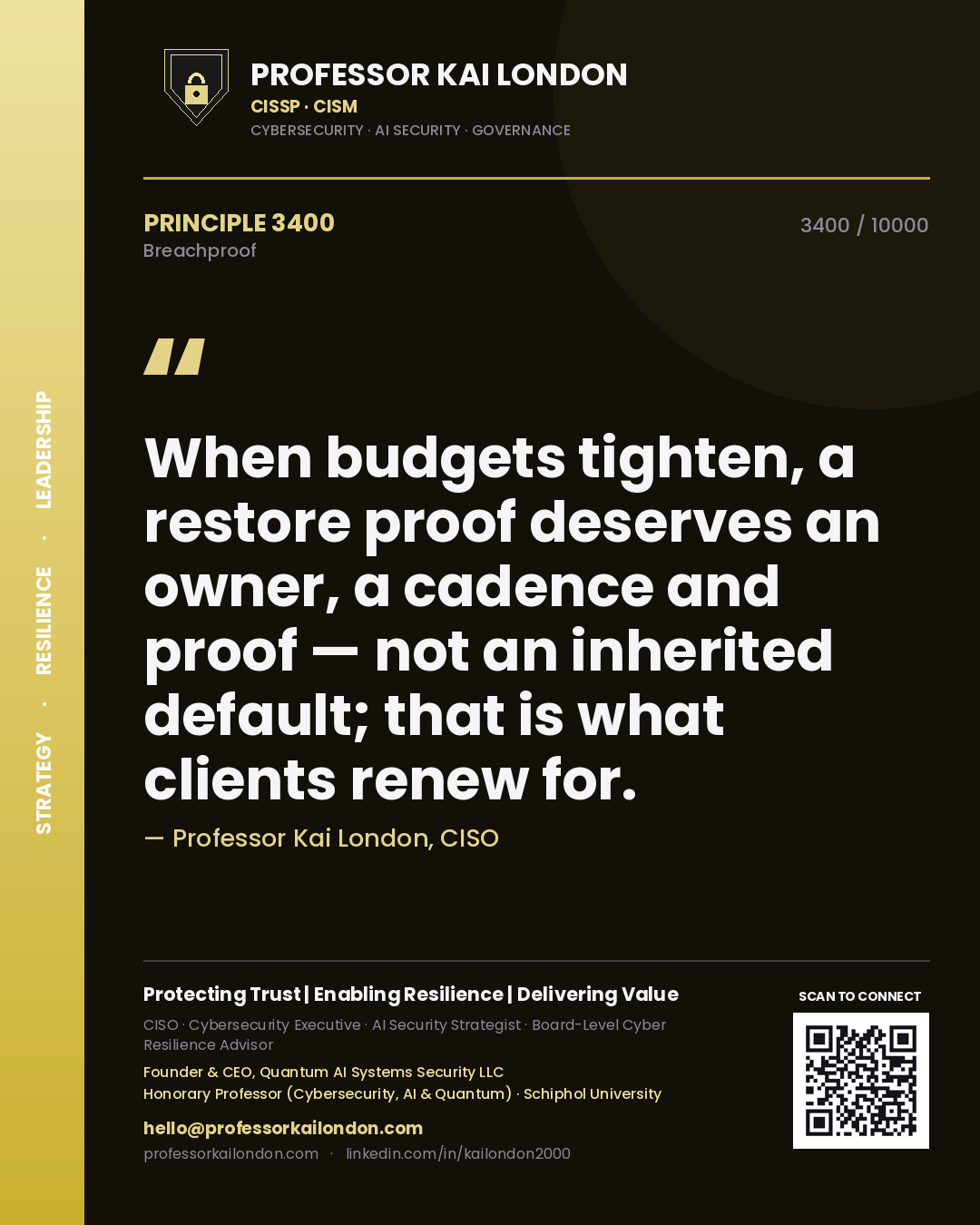 Professor Kai London principle 3400: When budgets tighten, a restore proof deserves an owner, a cadence and proof — not an inherited default; that is what clients renew for.