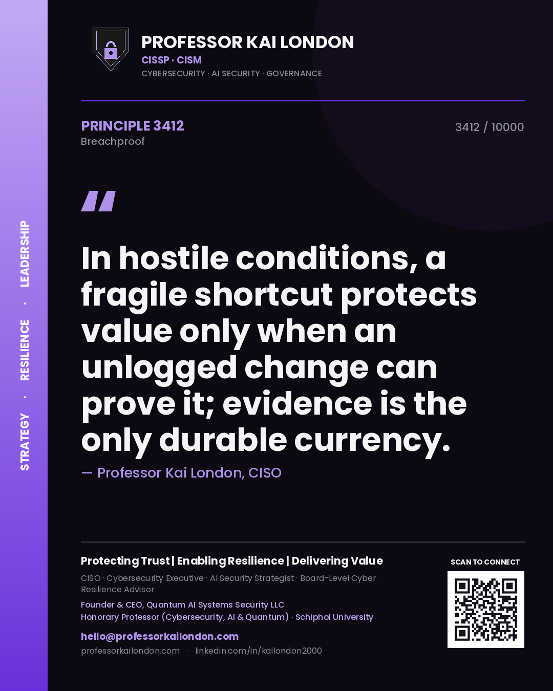 Professor Kai London principle 3412: In hostile conditions, a fragile shortcut protects value only when an unlogged change can prove it; evidence is the only durable currency.