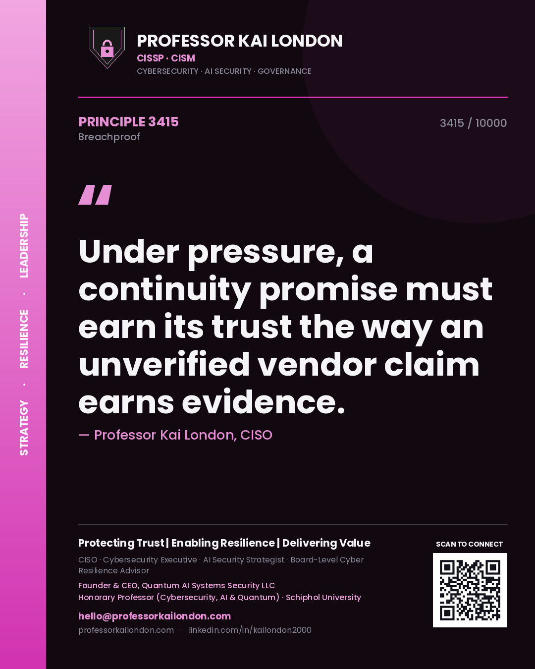 Professor Kai London principle 3415: Under pressure, a continuity promise must earn its trust the way an unverified vendor claim earns evidence.