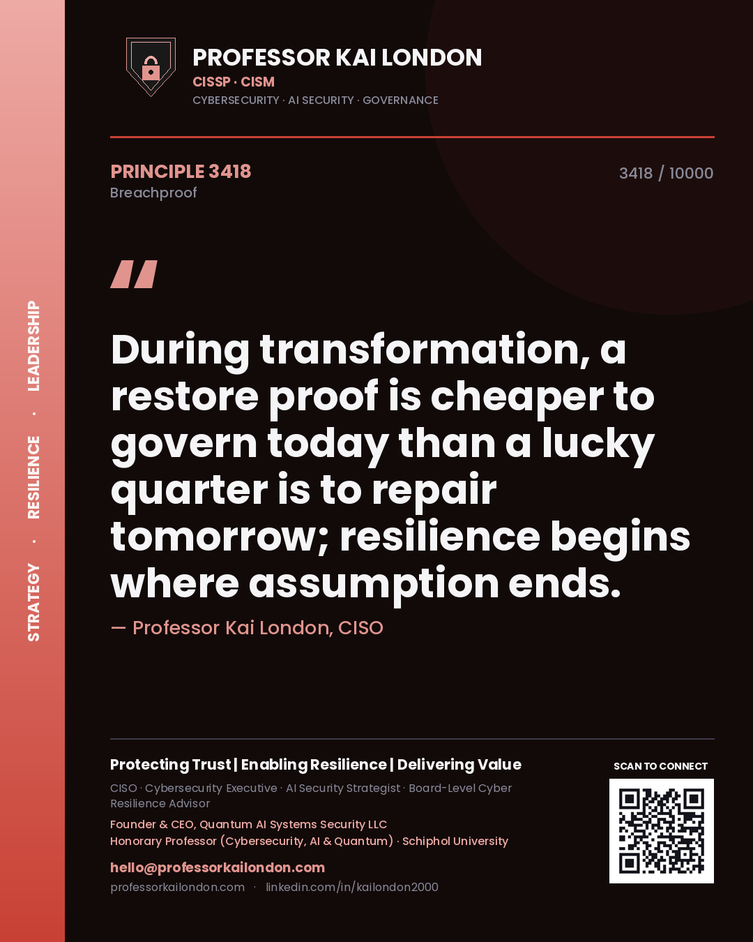 Professor Kai London principle 3418: During transformation, a restore proof is cheaper to govern today than a lucky quarter is to repair tomorrow; resilience begins where assumption ends.