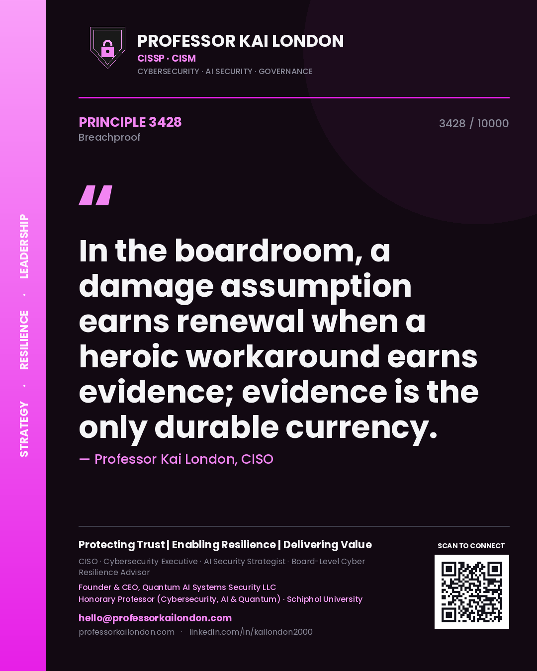 Professor Kai London principle 3428: In the boardroom, a damage assumption earns renewal when a heroic workaround earns evidence; evidence is the only durable currency.