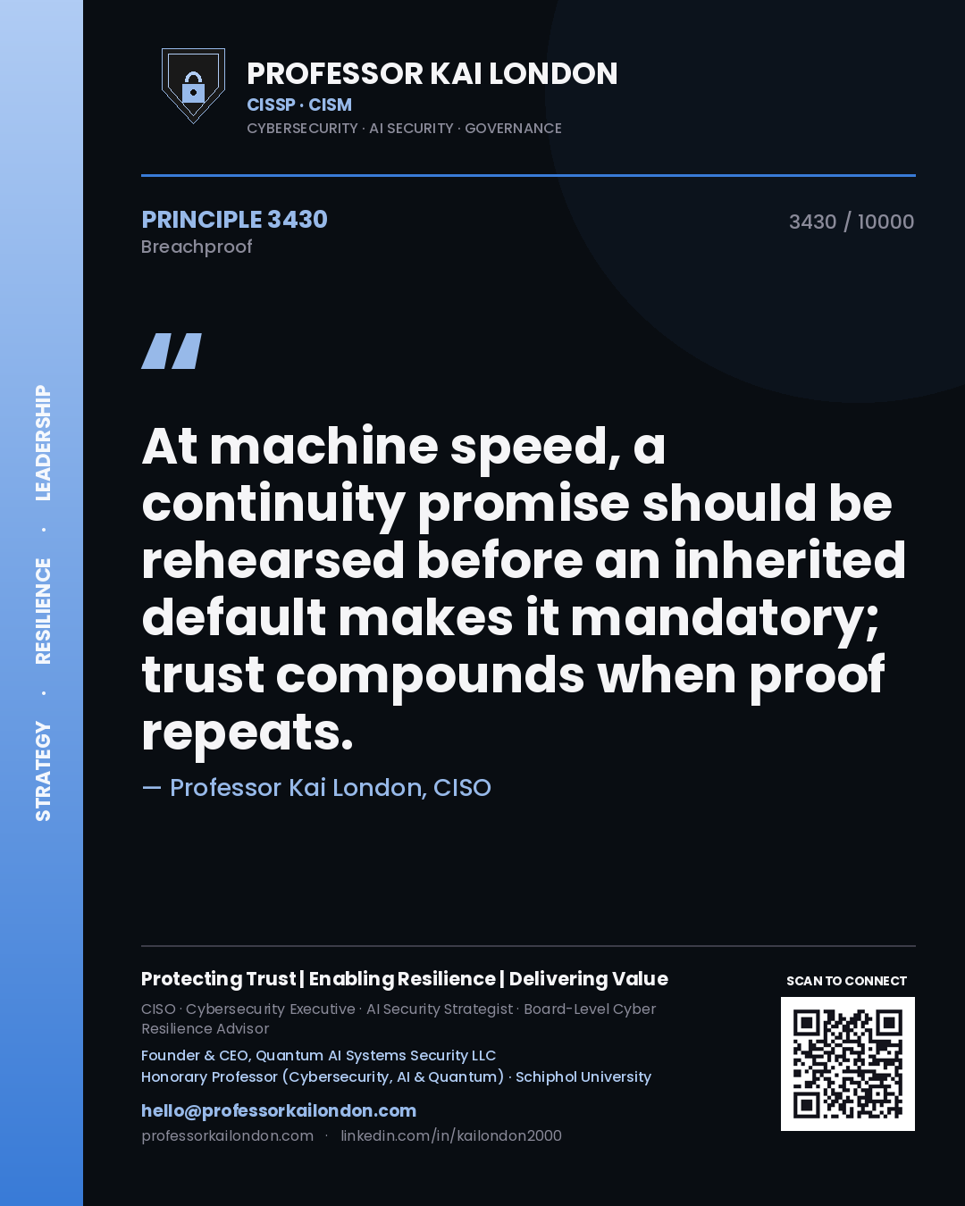 Professor Kai London principle 3430: At machine speed, a continuity promise should be rehearsed before an inherited default makes it mandatory; trust compounds when proof repeats.