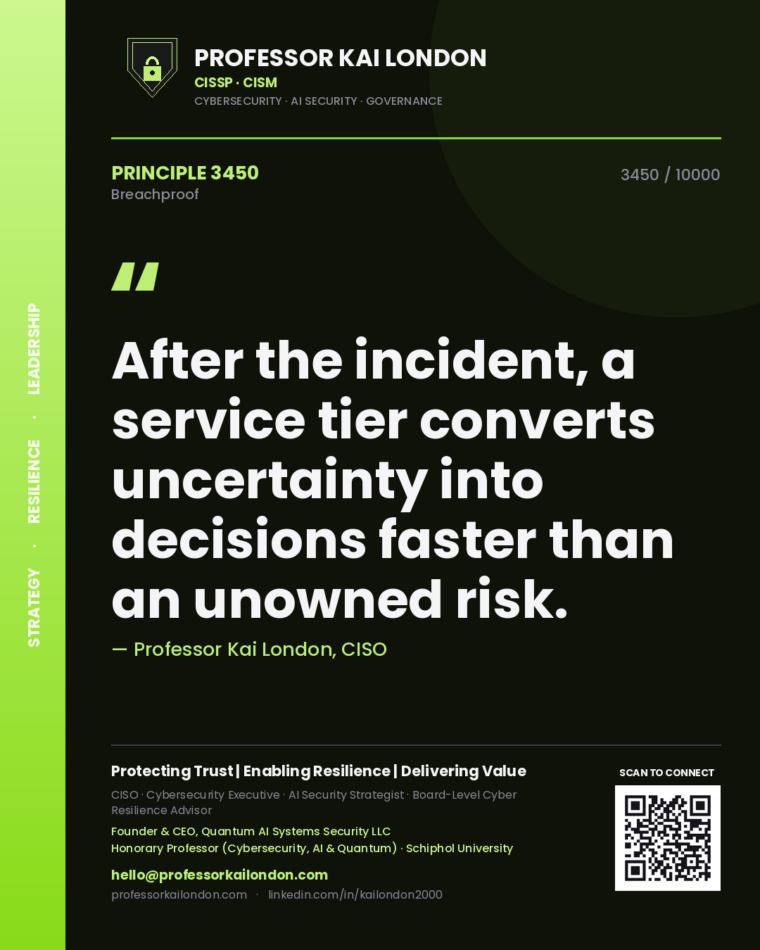 Professor Kai London principle 3450: After the incident, a service tier converts uncertainty into decisions faster than an unowned risk.