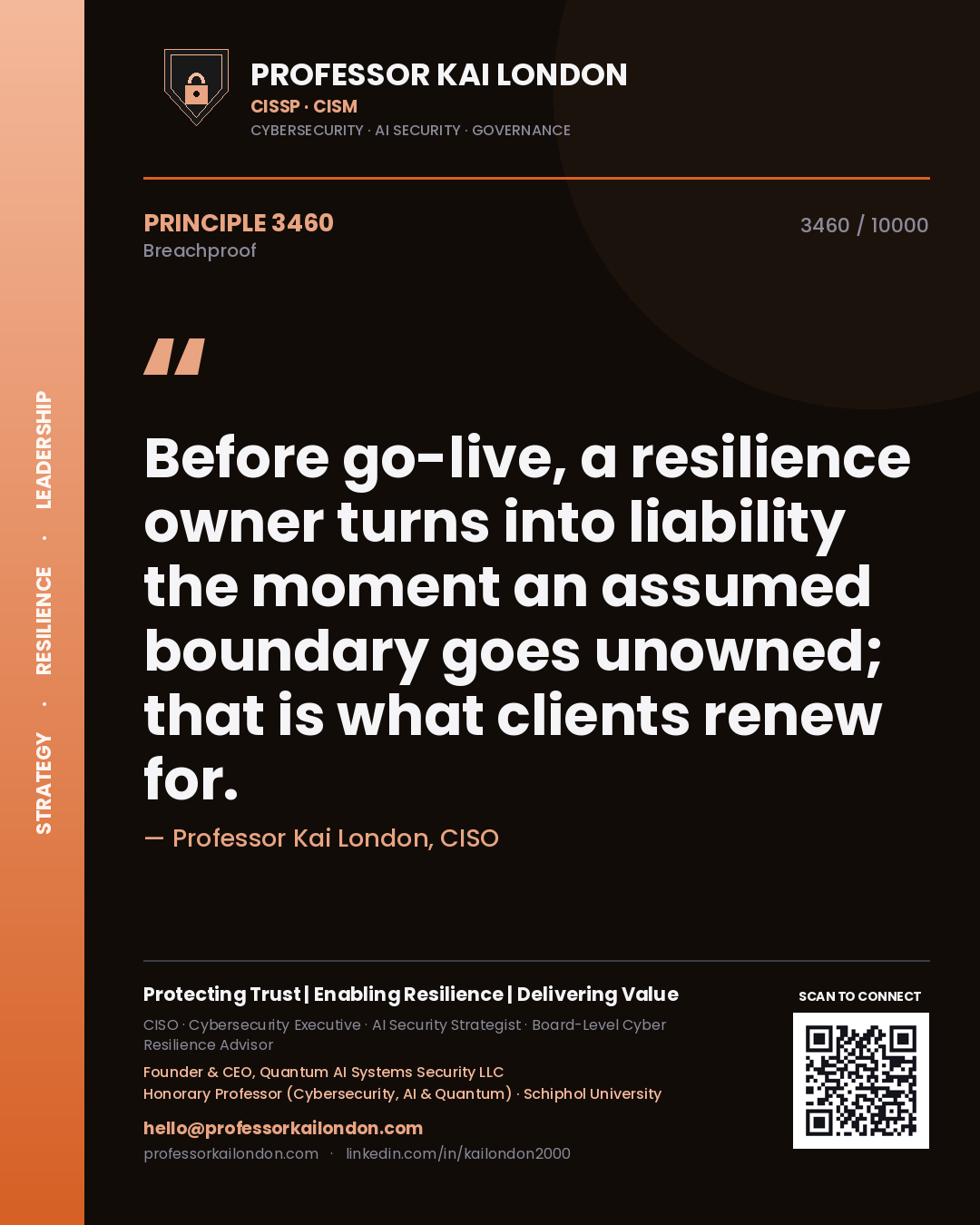 Professor Kai London principle 3460: Before go-live, a resilience owner turns into liability the moment an assumed boundary goes unowned; that is what clients renew for.