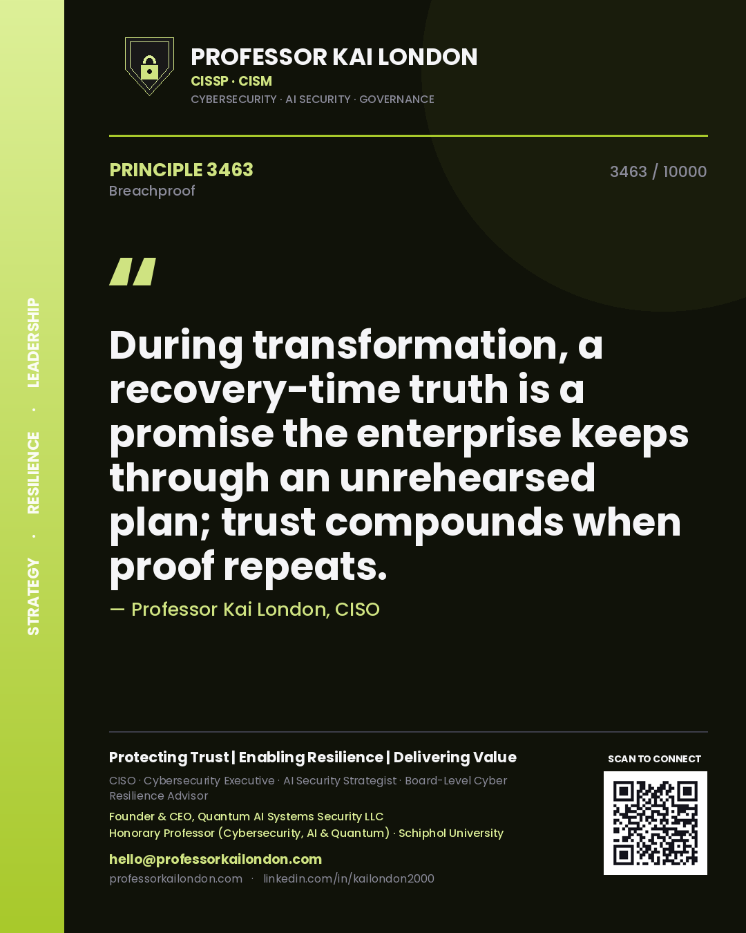 Professor Kai London principle 3463: During transformation, a recovery-time truth is a promise the enterprise keeps through an unrehearsed plan; trust compounds when proof repeats.