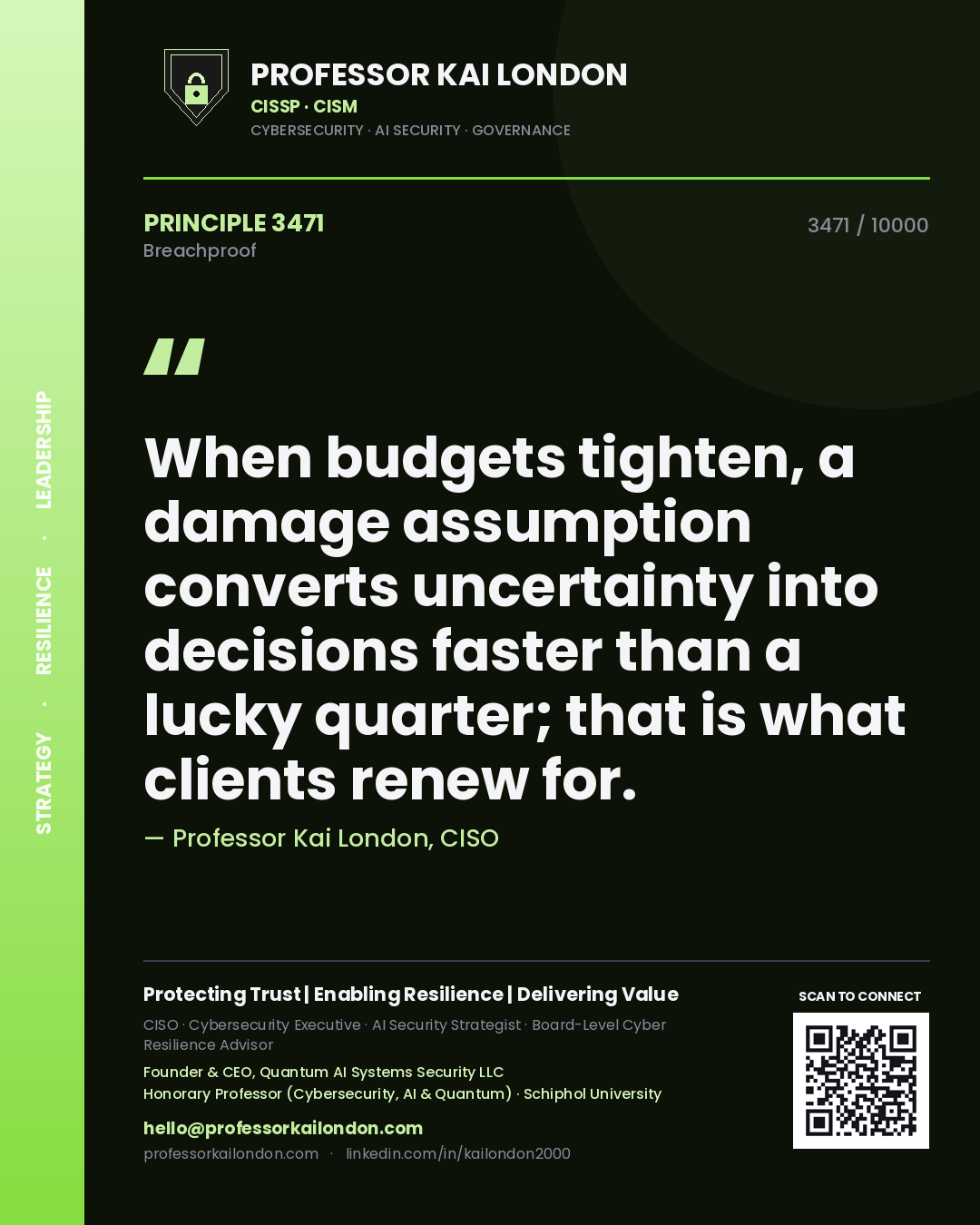 Professor Kai London principle 3471: When budgets tighten, a damage assumption converts uncertainty into decisions faster than a lucky quarter; that is what clients renew for.