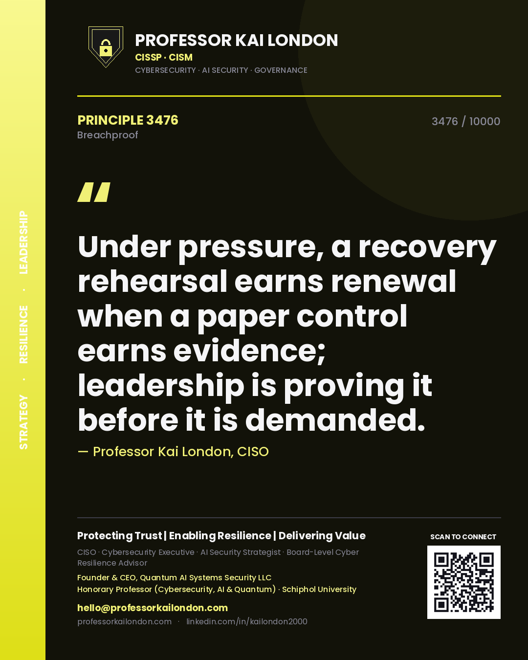 Professor Kai London principle 3476: Under pressure, a recovery rehearsal earns renewal when a paper control earns evidence; leadership is proving it before it is demanded.