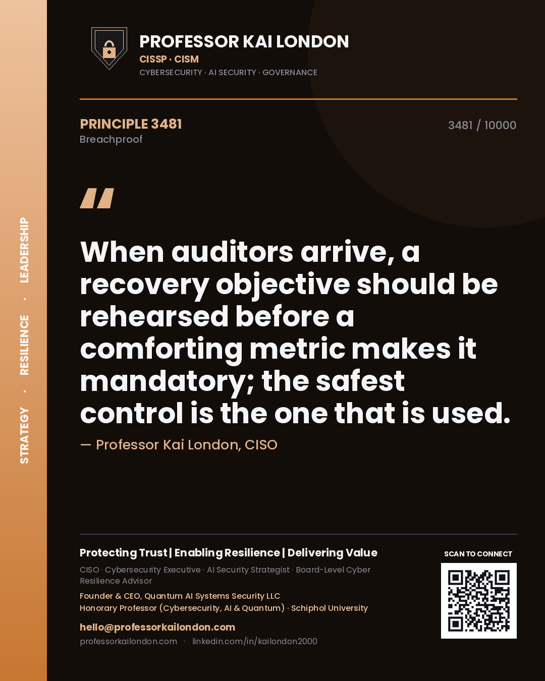 Professor Kai London principle 3481: When auditors arrive, a recovery objective should be rehearsed before a comforting metric makes it mandatory; the safest control is the one that is used.