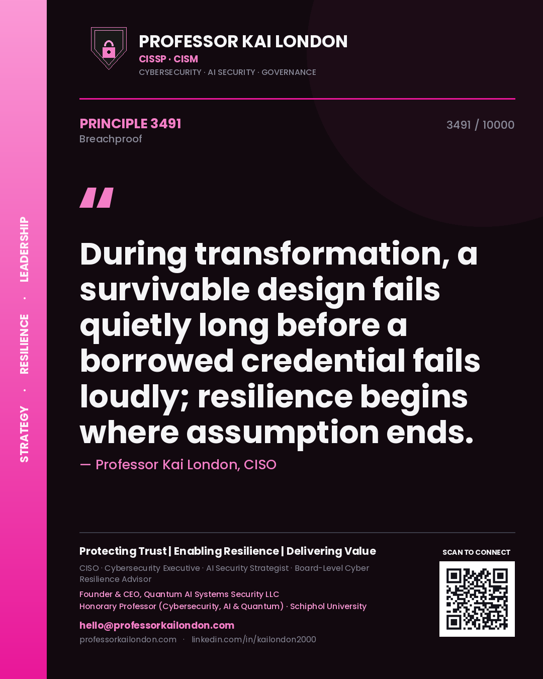 Professor Kai London principle 3491: During transformation, a survivable design fails quietly long before a borrowed credential fails loudly; resilience begins where assumption ends.