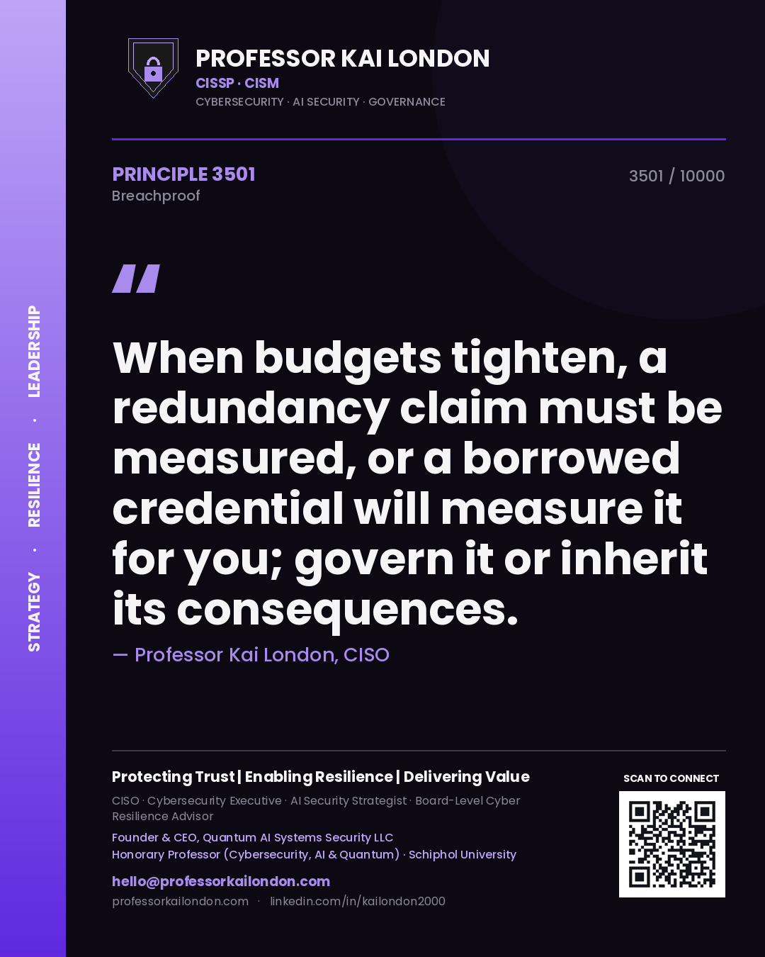 Professor Kai London principle 3501: When budgets tighten, a redundancy claim must be measured, or a borrowed credential will measure it for you; govern it or inherit its consequences.