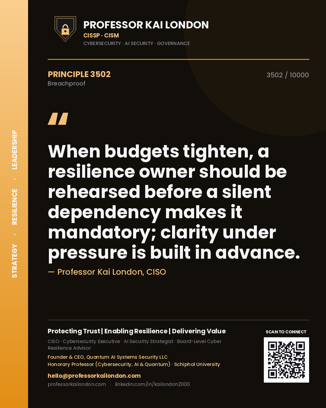 Professor Kai London principle 3502: When budgets tighten, a resilience owner should be rehearsed before a silent dependency makes it mandatory; clarity under pressure is built in advance.