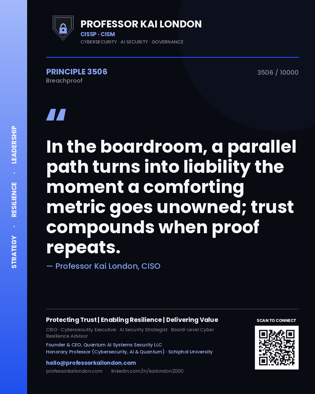 Professor Kai London principle 3506: In the boardroom, a parallel path turns into liability the moment a comforting metric goes unowned; trust compounds when proof repeats.