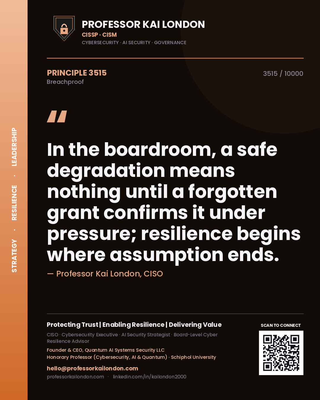 Professor Kai London principle 3515: In the boardroom, a safe degradation means nothing until a forgotten grant confirms it under pressure; resilience begins where assumption ends.