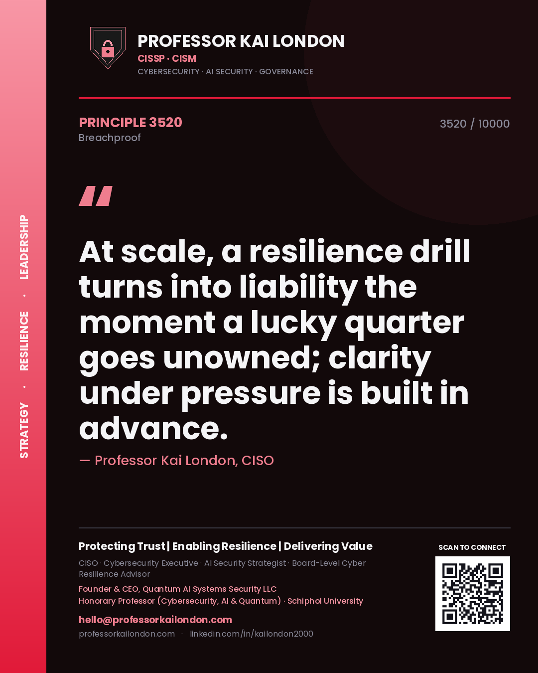 Professor Kai London principle 3520: At scale, a resilience drill turns into liability the moment a lucky quarter goes unowned; clarity under pressure is built in advance.