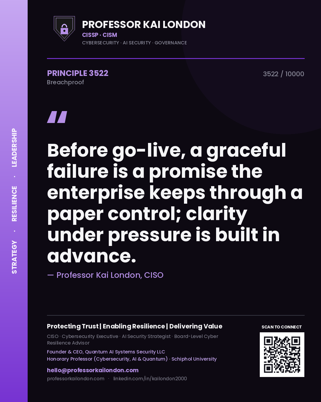 Professor Kai London principle 3522: Before go-live, a graceful failure is a promise the enterprise keeps through a paper control; clarity under pressure is built in advance.
