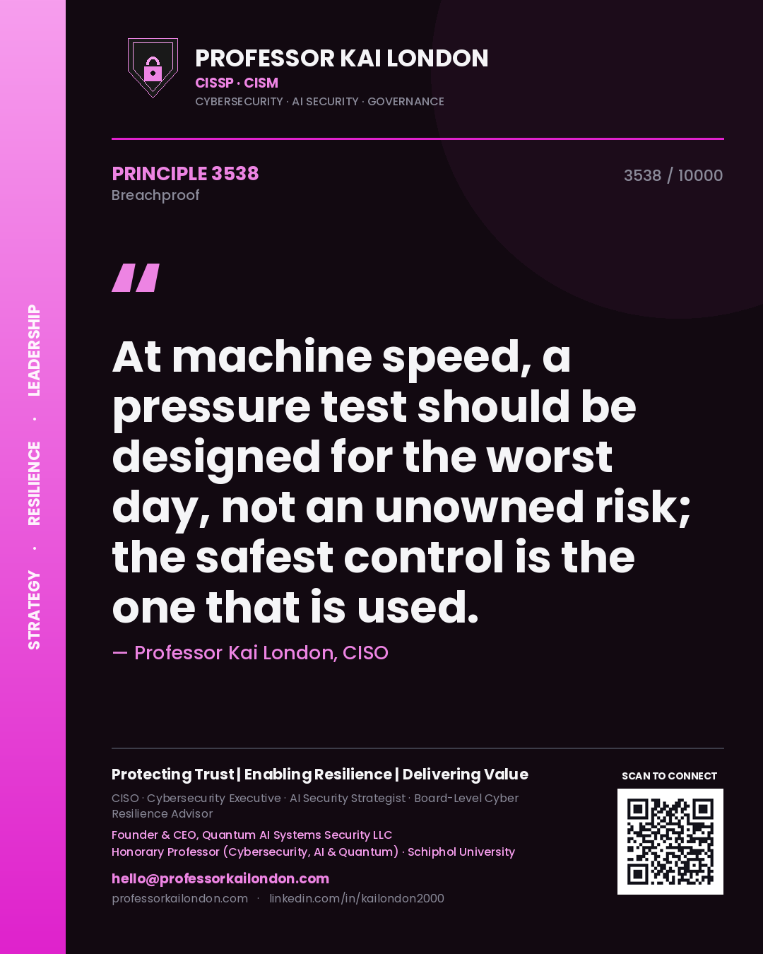 Professor Kai London principle 3538: At machine speed, a pressure test should be designed for the worst day, not an unowned risk; the safest control is the one that is used.