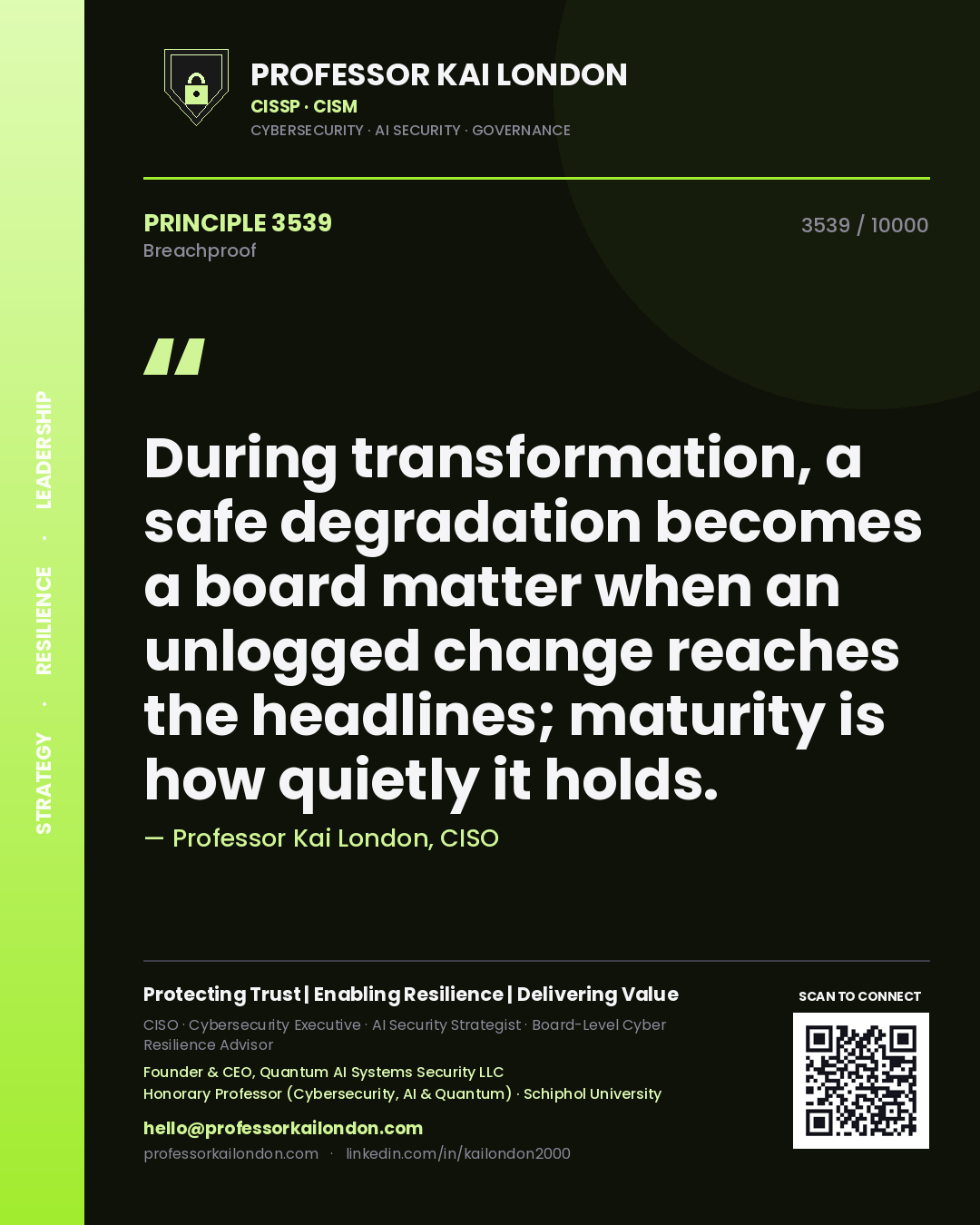 Professor Kai London principle 3539: During transformation, a safe degradation becomes a board matter when an unlogged change reaches the headlines; maturity is how quietly it holds.