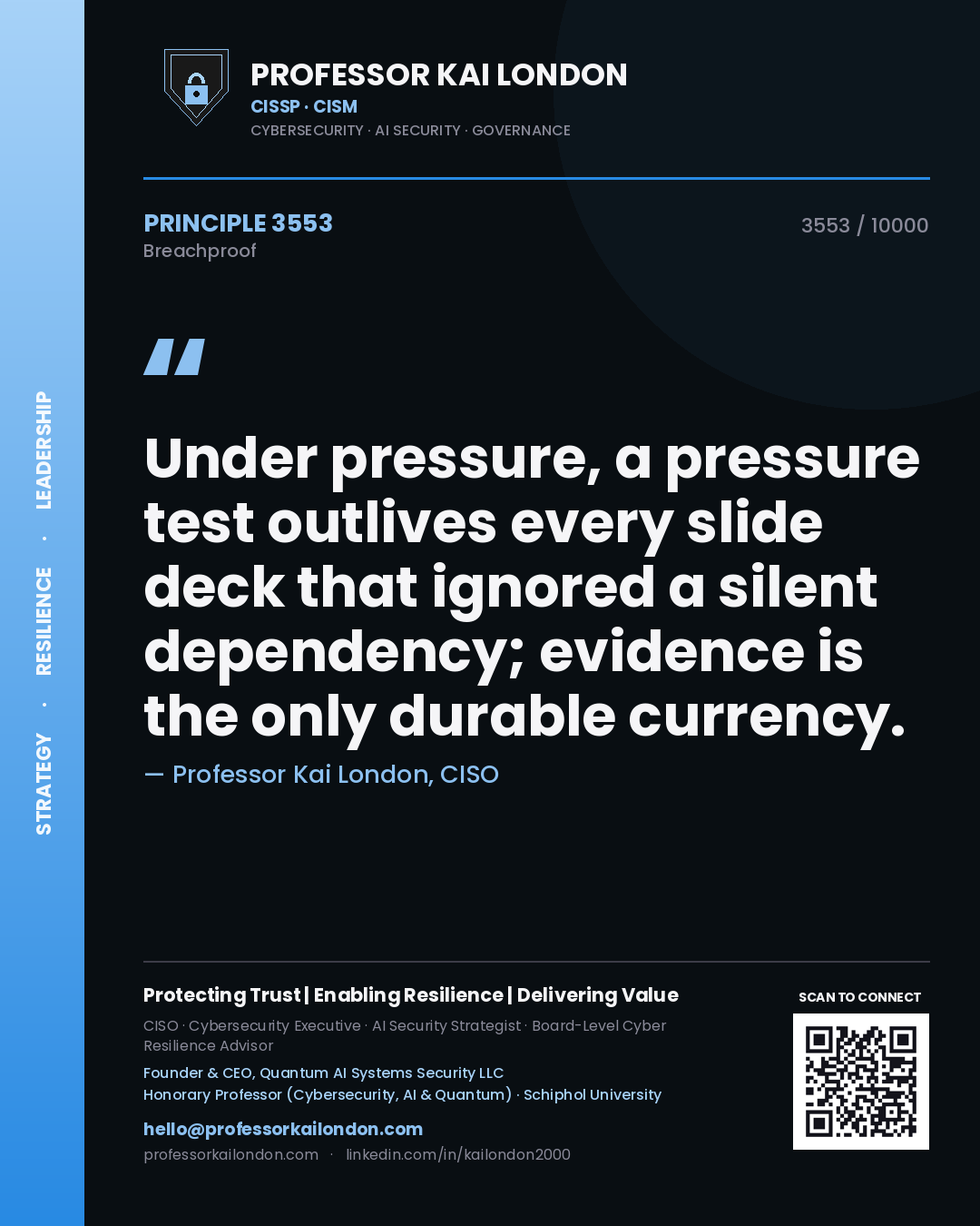 Professor Kai London principle 3553: Under pressure, a pressure test outlives every slide deck that ignored a silent dependency; evidence is the only durable currency.