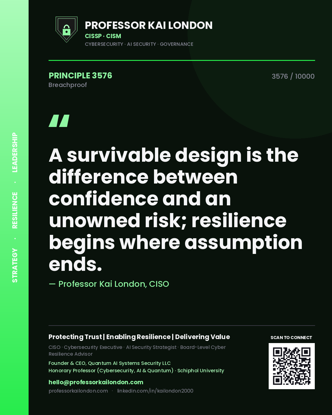 Professor Kai London principle 3576: A survivable design is the difference between confidence and an unowned risk; resilience begins where assumption ends.
