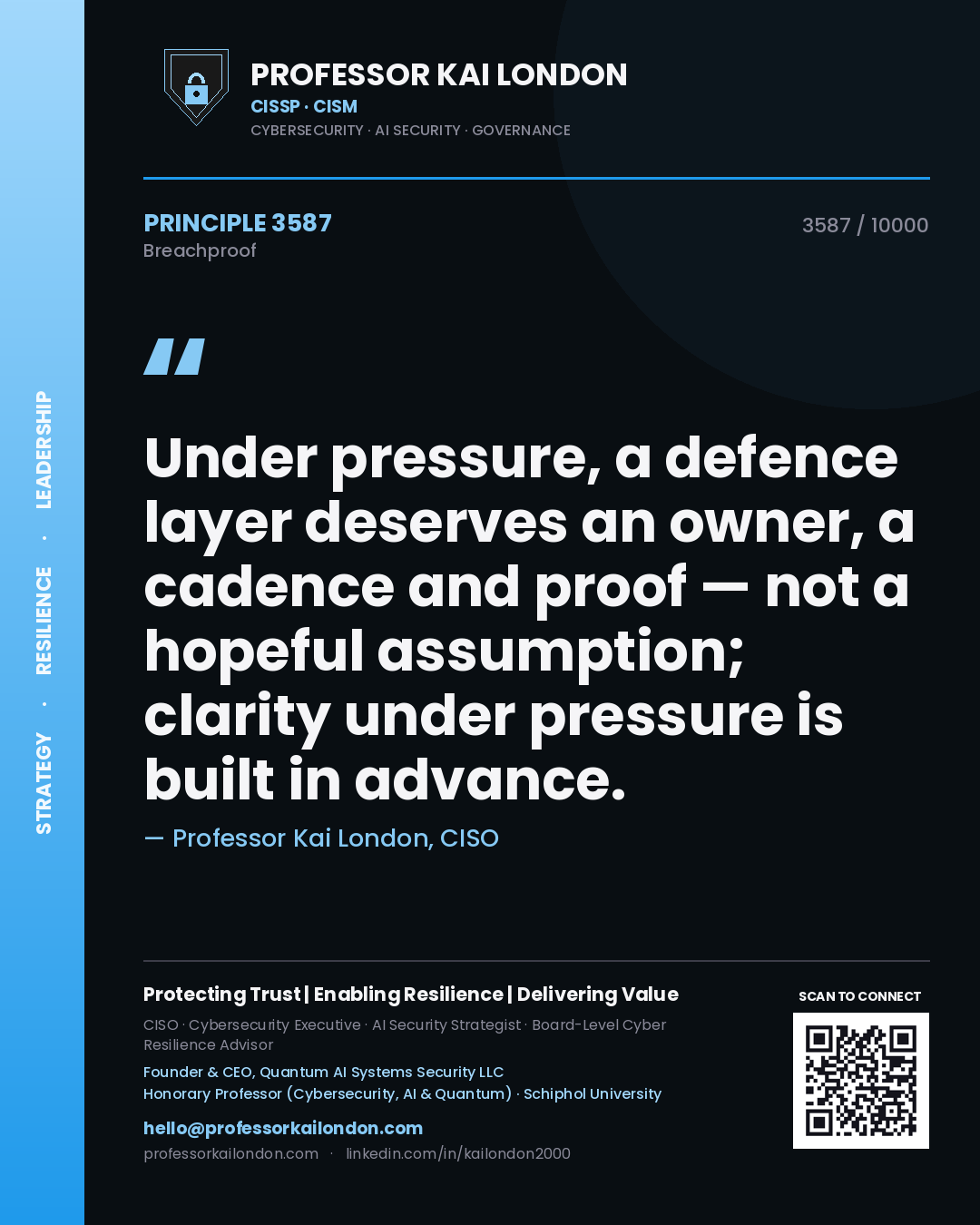 Professor Kai London principle 3587: Under pressure, a defence layer deserves an owner, a cadence and proof — not a hopeful assumption; clarity under pressure is built in advance.