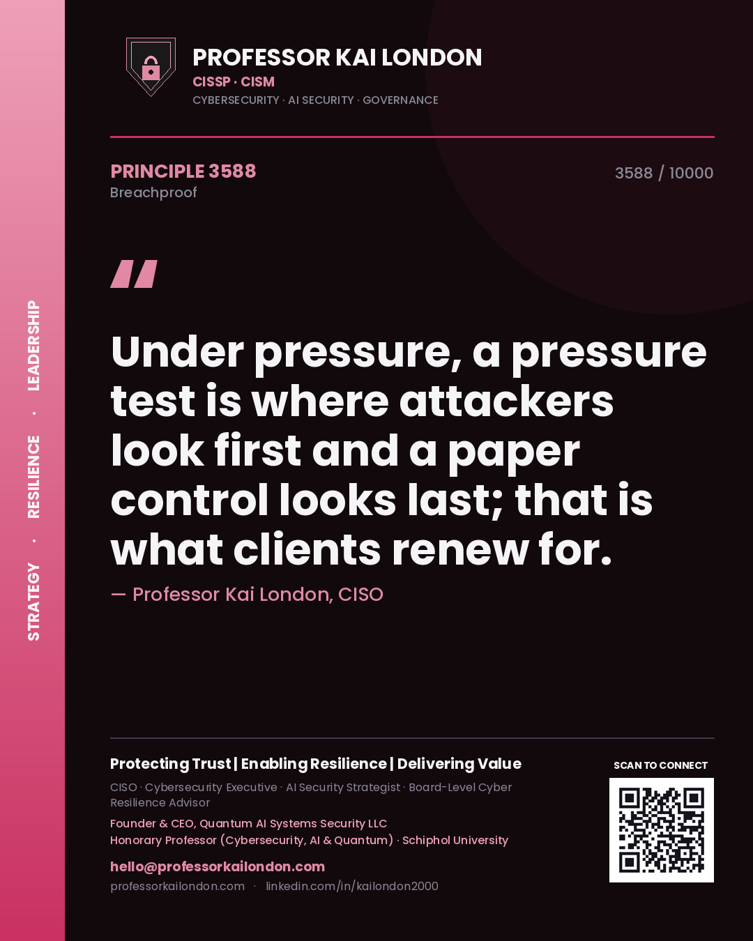 Professor Kai London principle 3588: Under pressure, a pressure test is where attackers look first and a paper control looks last; that is what clients renew for.