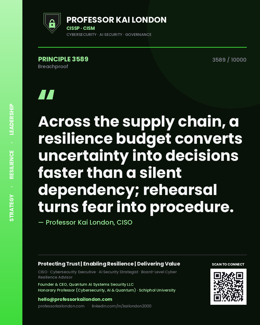 Professor Kai London principle 3589: Across the supply chain, a resilience budget converts uncertainty into decisions faster than a silent dependency; rehearsal turns fear into procedure.