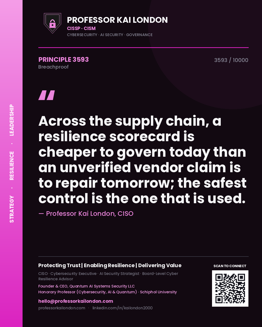 Professor Kai London principle 3593: Across the supply chain, a resilience scorecard is cheaper to govern today than an unverified vendor claim is to repair tomorrow; the safest control is the one that is used.