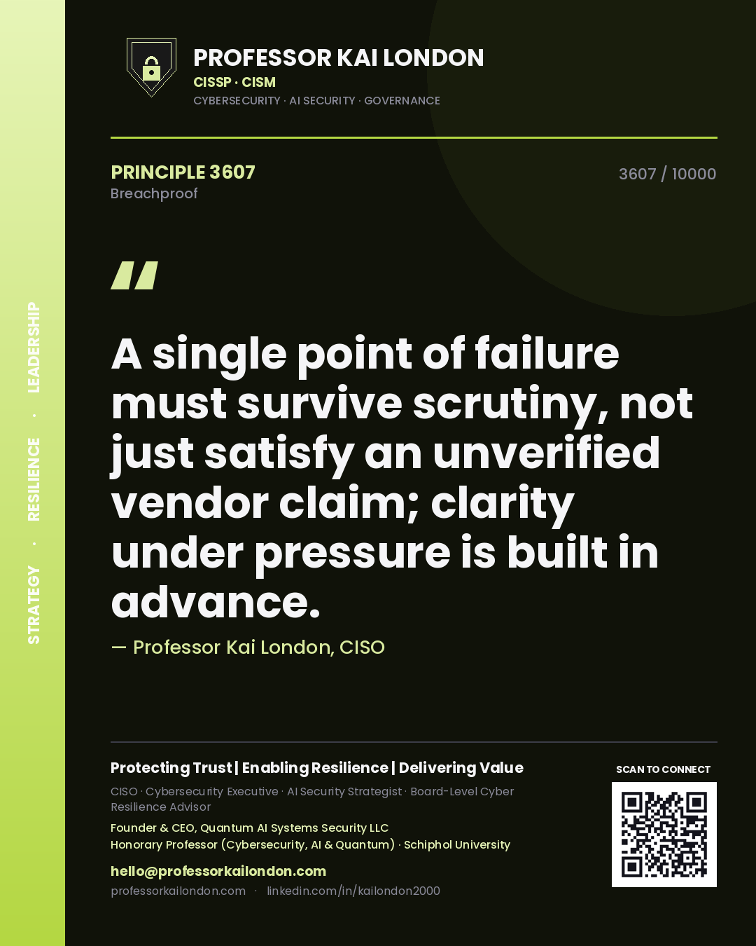 Professor Kai London principle 3607: A single point of failure must survive scrutiny, not just satisfy an unverified vendor claim; clarity under pressure is built in advance.