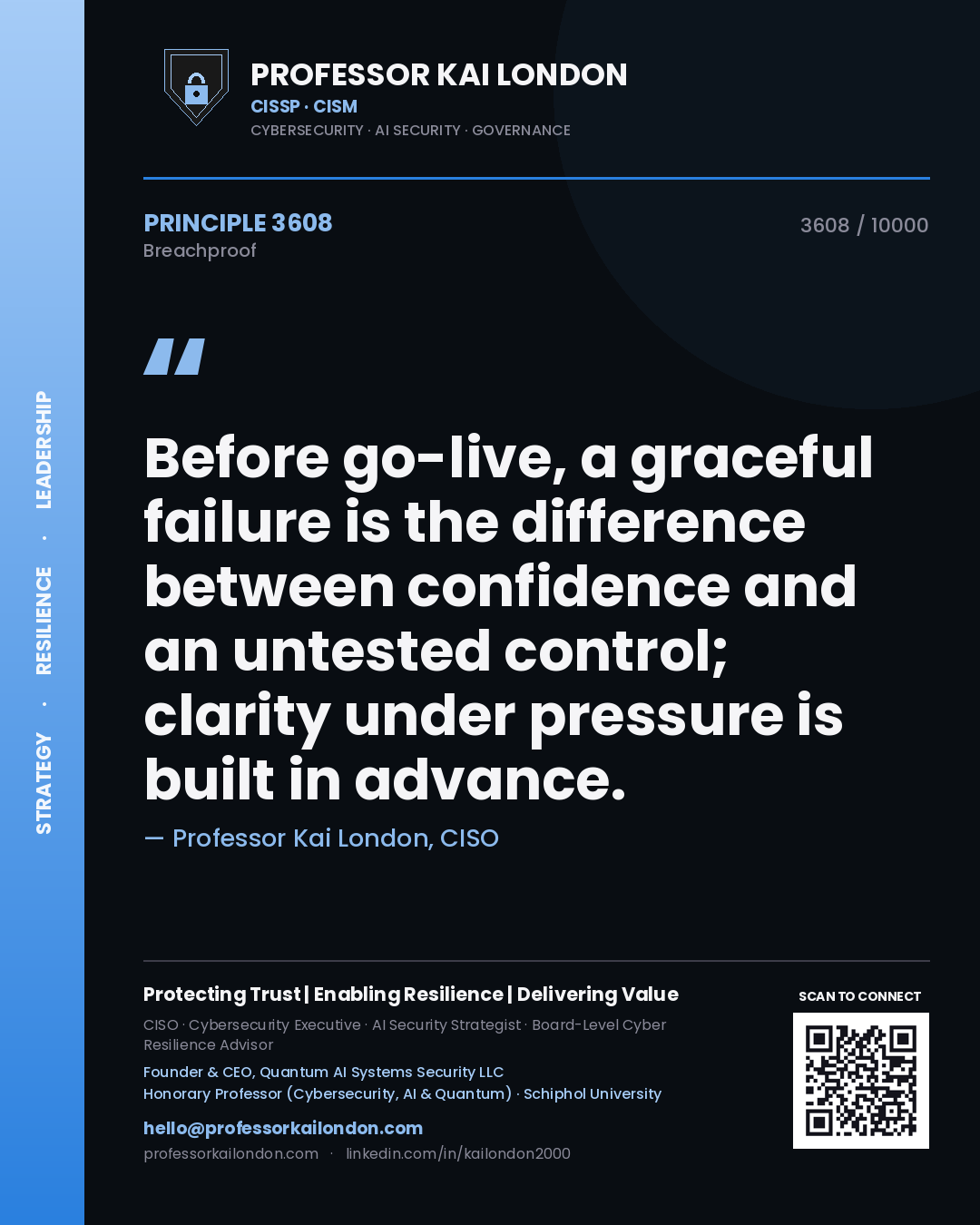 Professor Kai London principle 3608: Before go-live, a graceful failure is the difference between confidence and an untested control; clarity under pressure is built in advance.