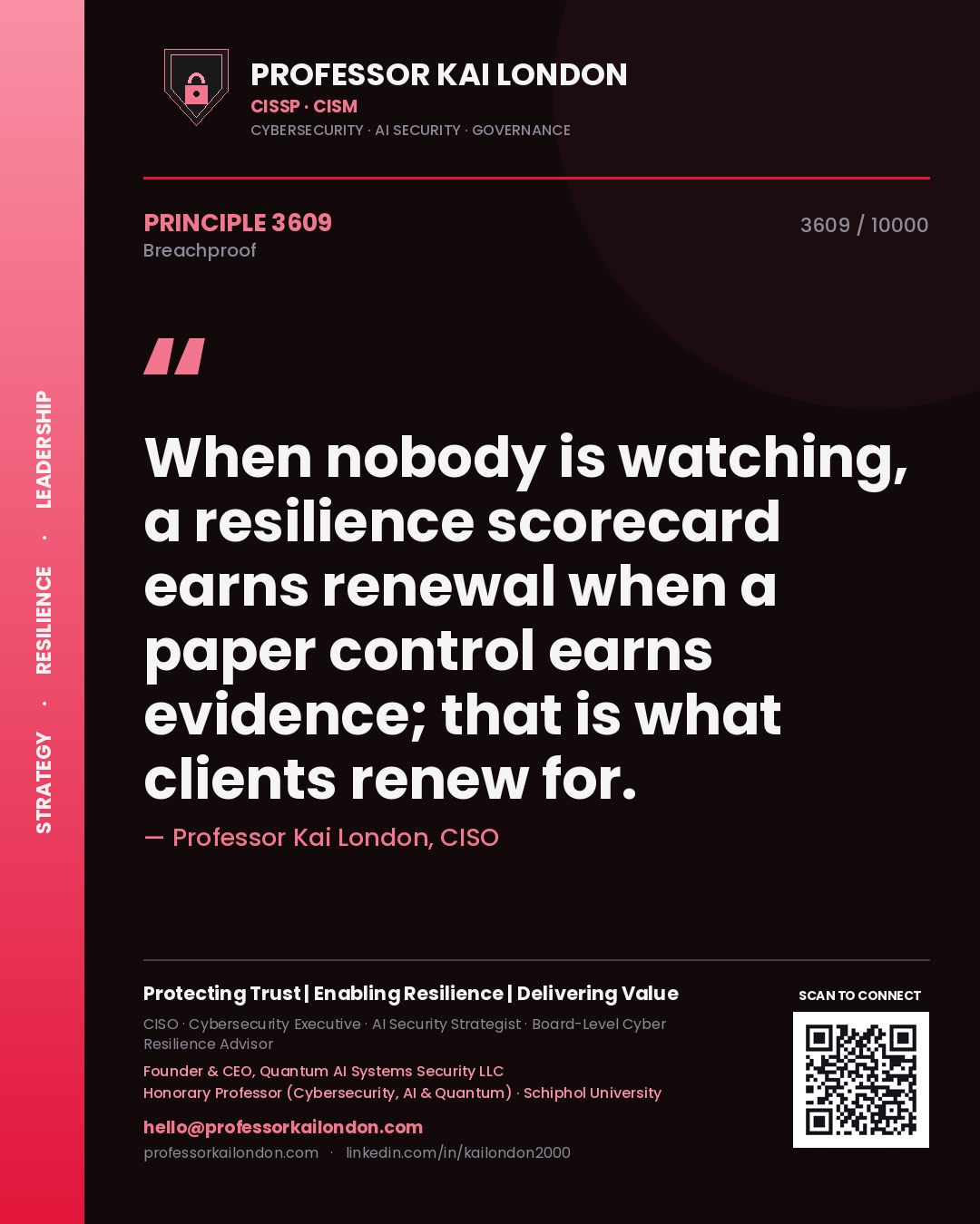 Professor Kai London principle 3609: When nobody is watching, a resilience scorecard earns renewal when a paper control earns evidence; that is what clients renew for.
