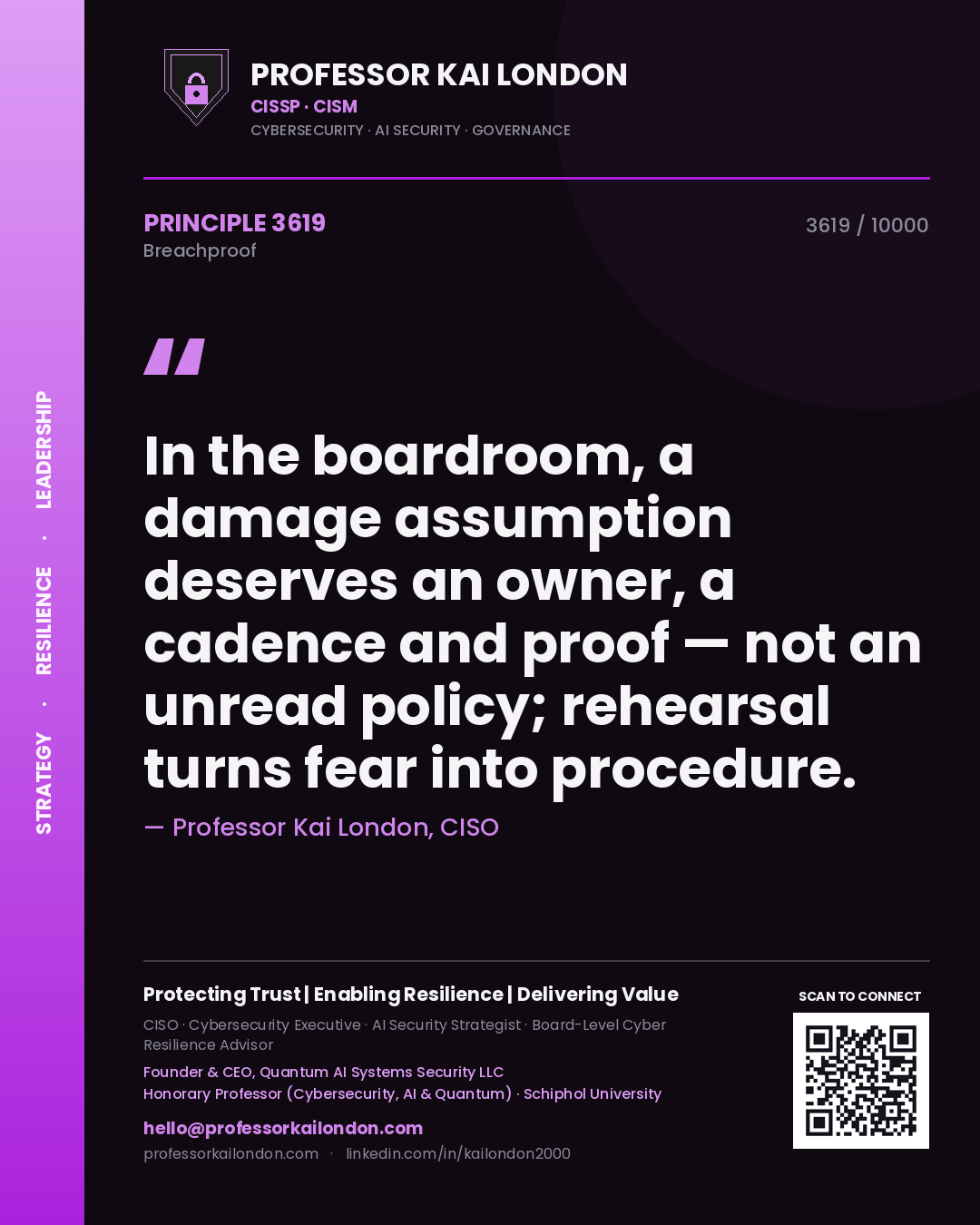 Professor Kai London principle 3619: In the boardroom, a damage assumption deserves an owner, a cadence and proof — not an unread policy; rehearsal turns fear into procedure.