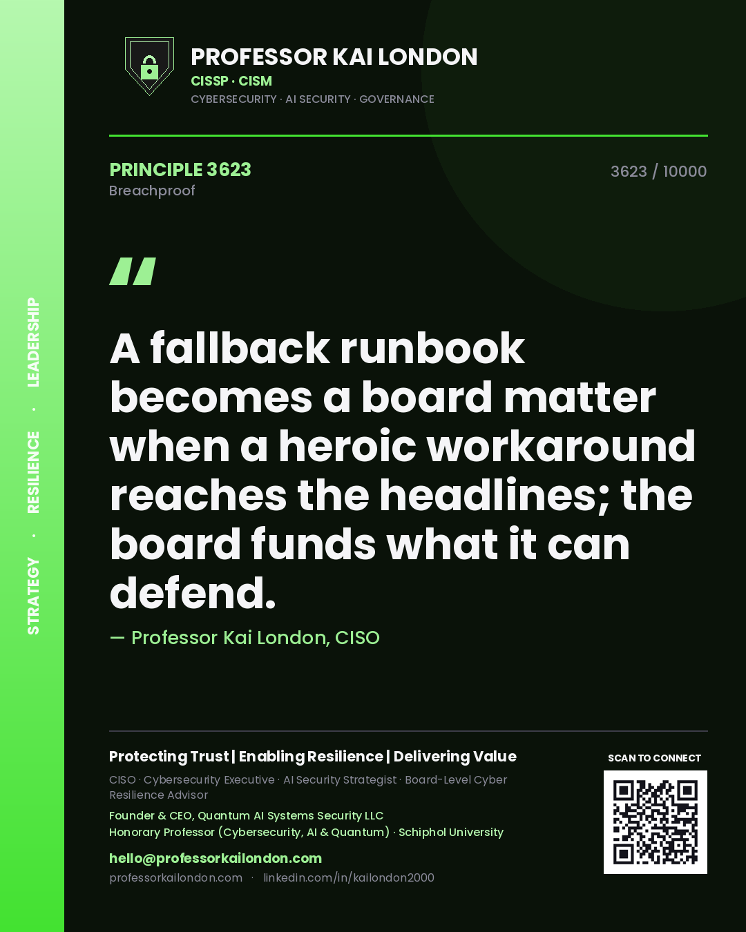 Professor Kai London principle 3623: A fallback runbook becomes a board matter when a heroic workaround reaches the headlines; the board funds what it can defend.