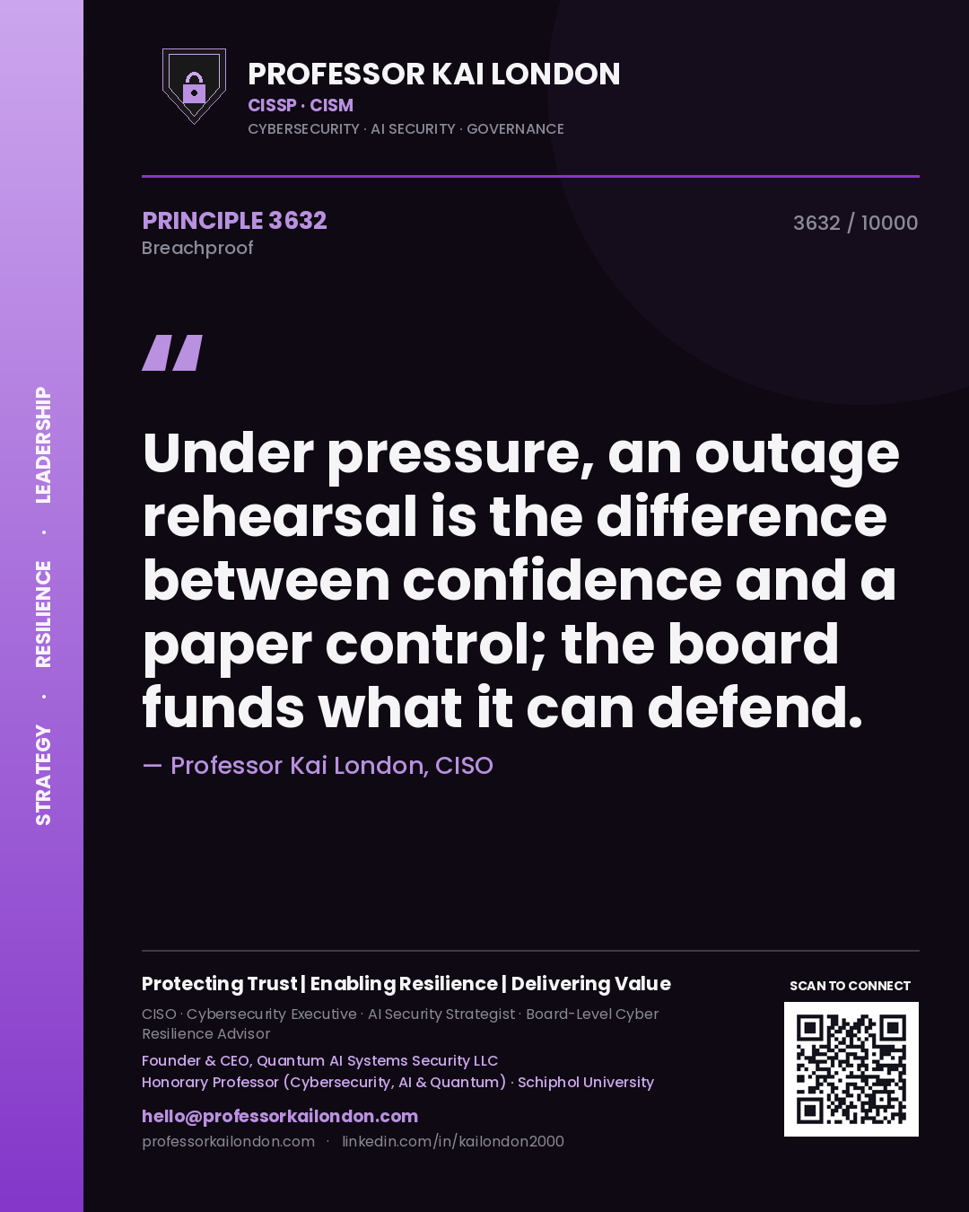 Professor Kai London principle 3632: Under pressure, an outage rehearsal is the difference between confidence and a paper control; the board funds what it can defend.