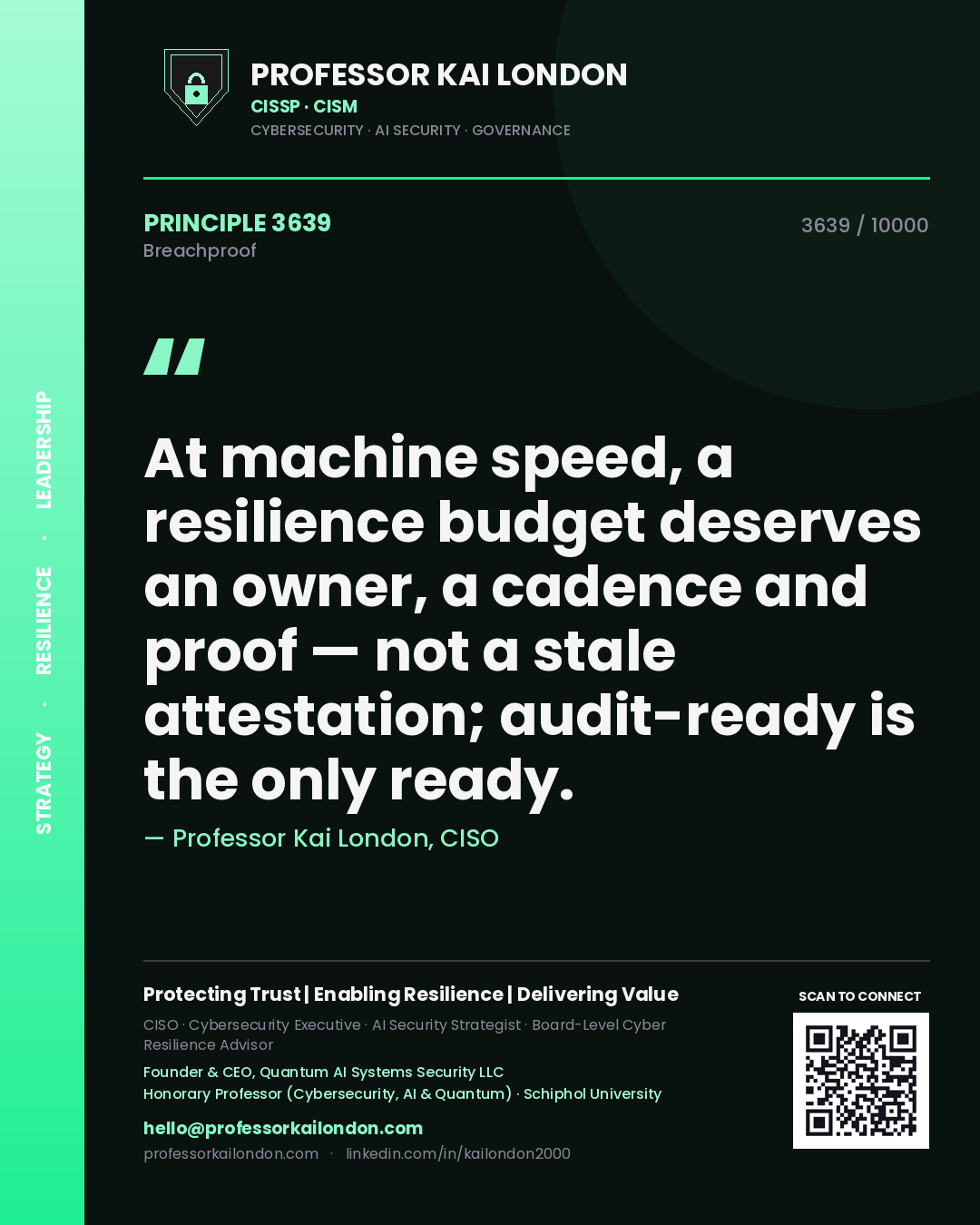 Professor Kai London principle 3639: At machine speed, a resilience budget deserves an owner, a cadence and proof — not a stale attestation; audit-ready is the only ready.