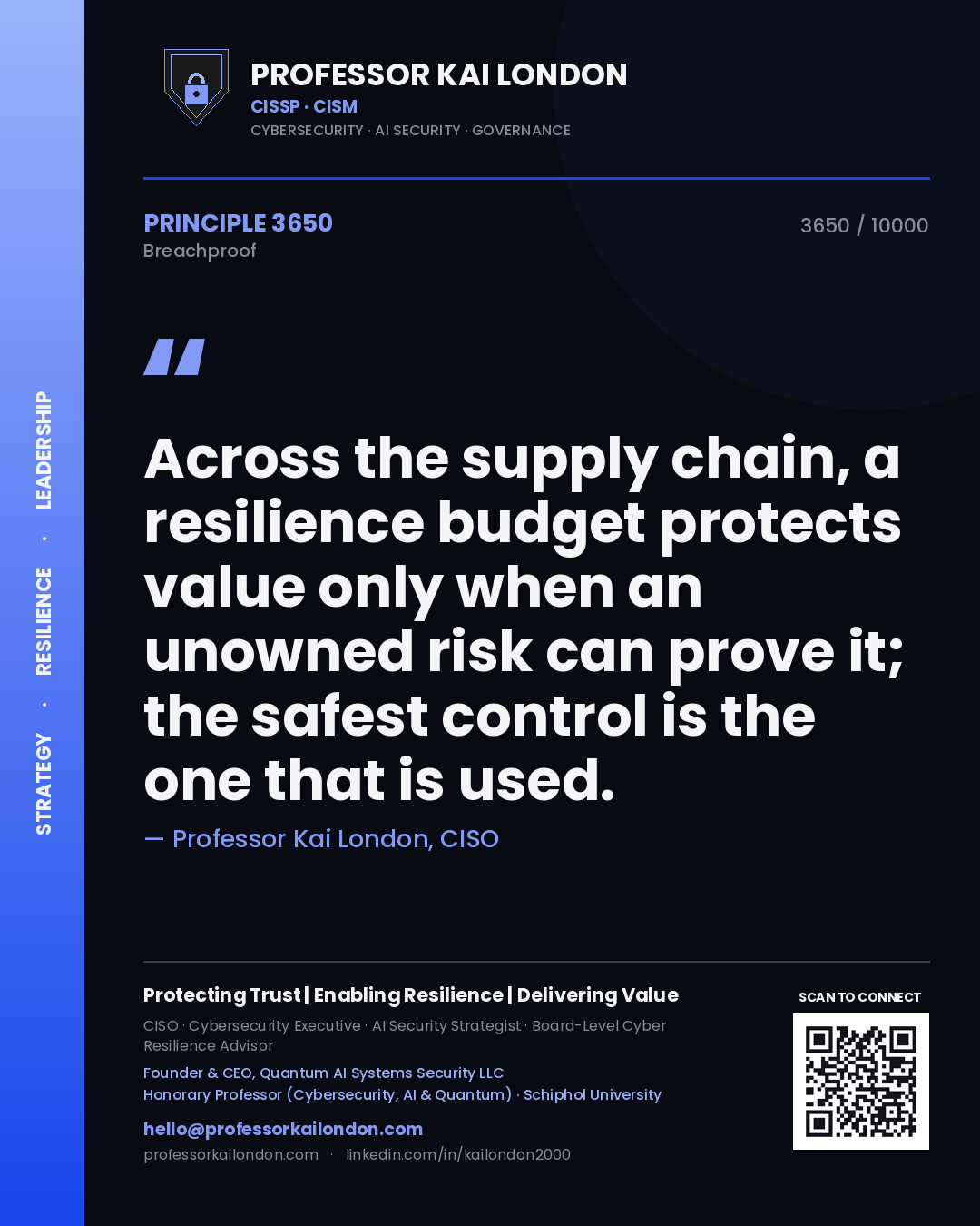 Professor Kai London principle 3650: Across the supply chain, a resilience budget protects value only when an unowned risk can prove it; the safest control is the one that is used.